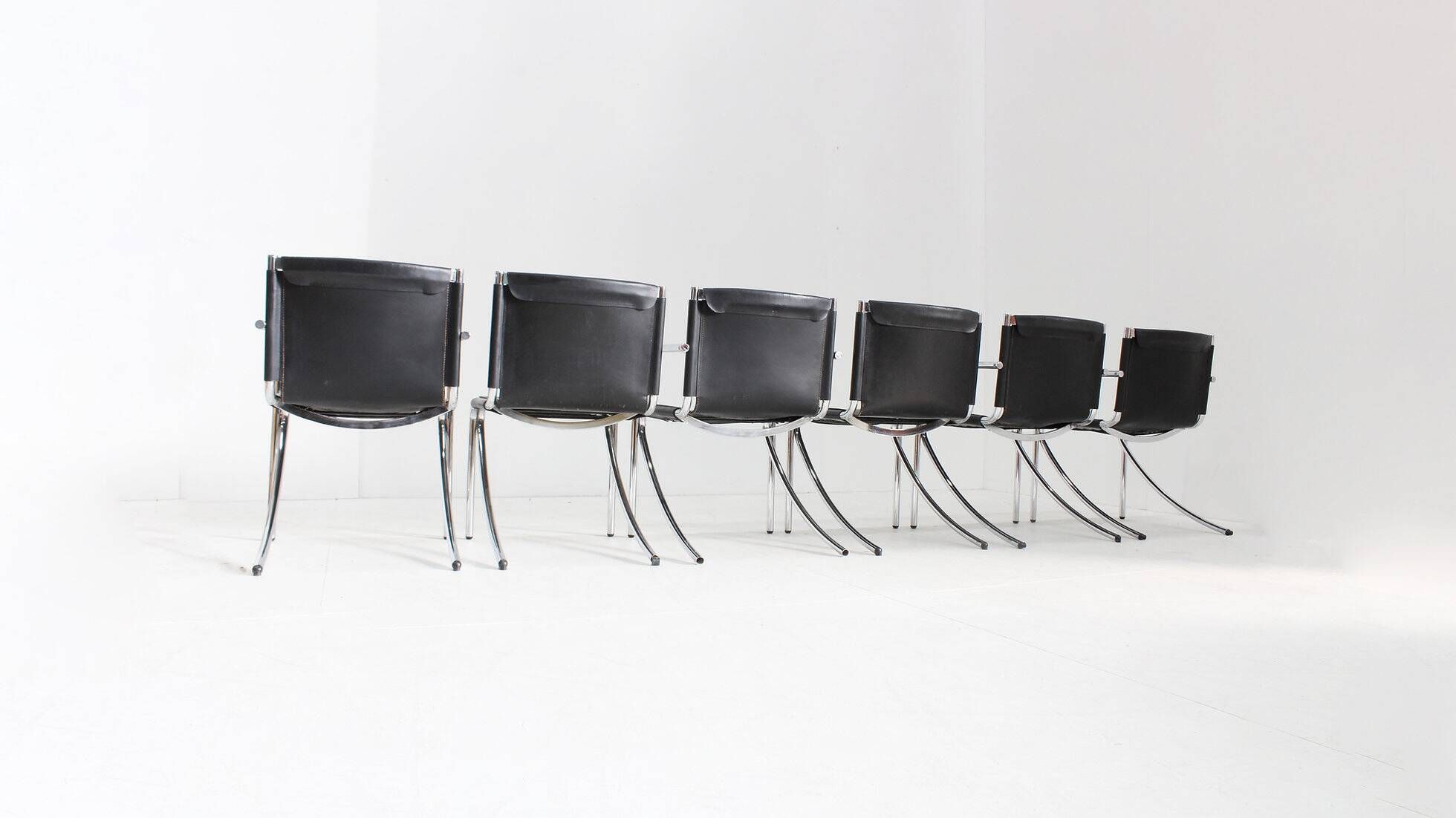 Giotto Stoppino black leather and chrome vintage dining chairs model Jot