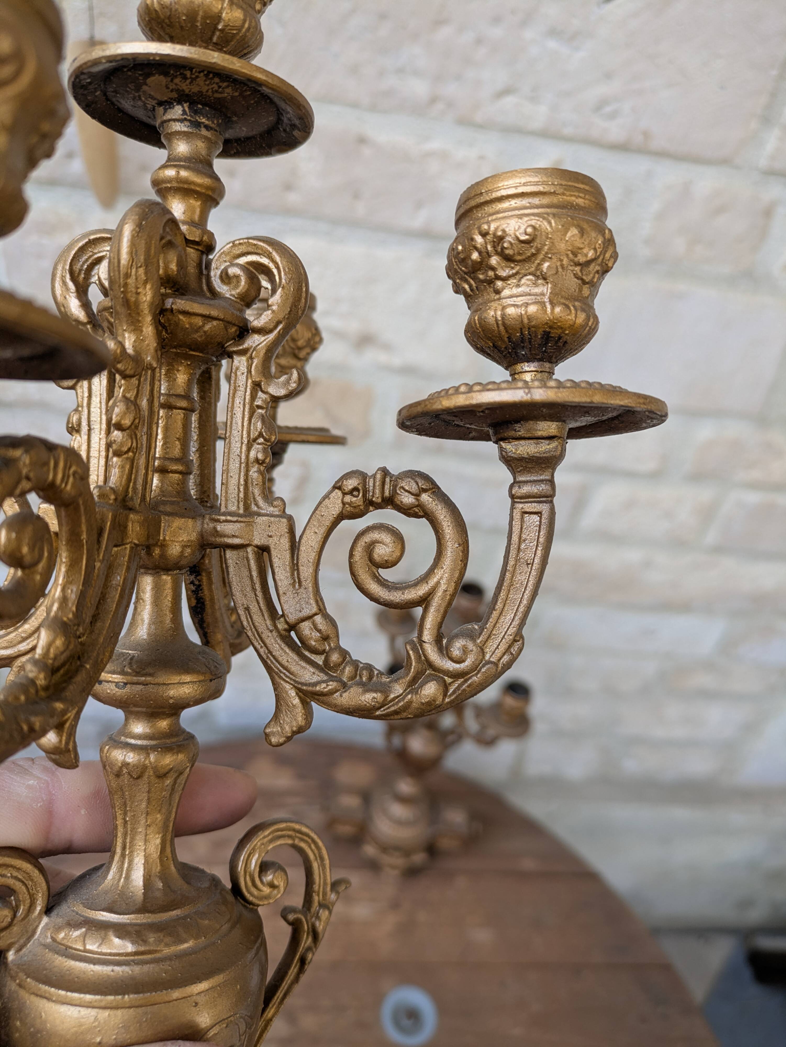 Pair of metal candelabra candle holders with 5 branches, 41cm