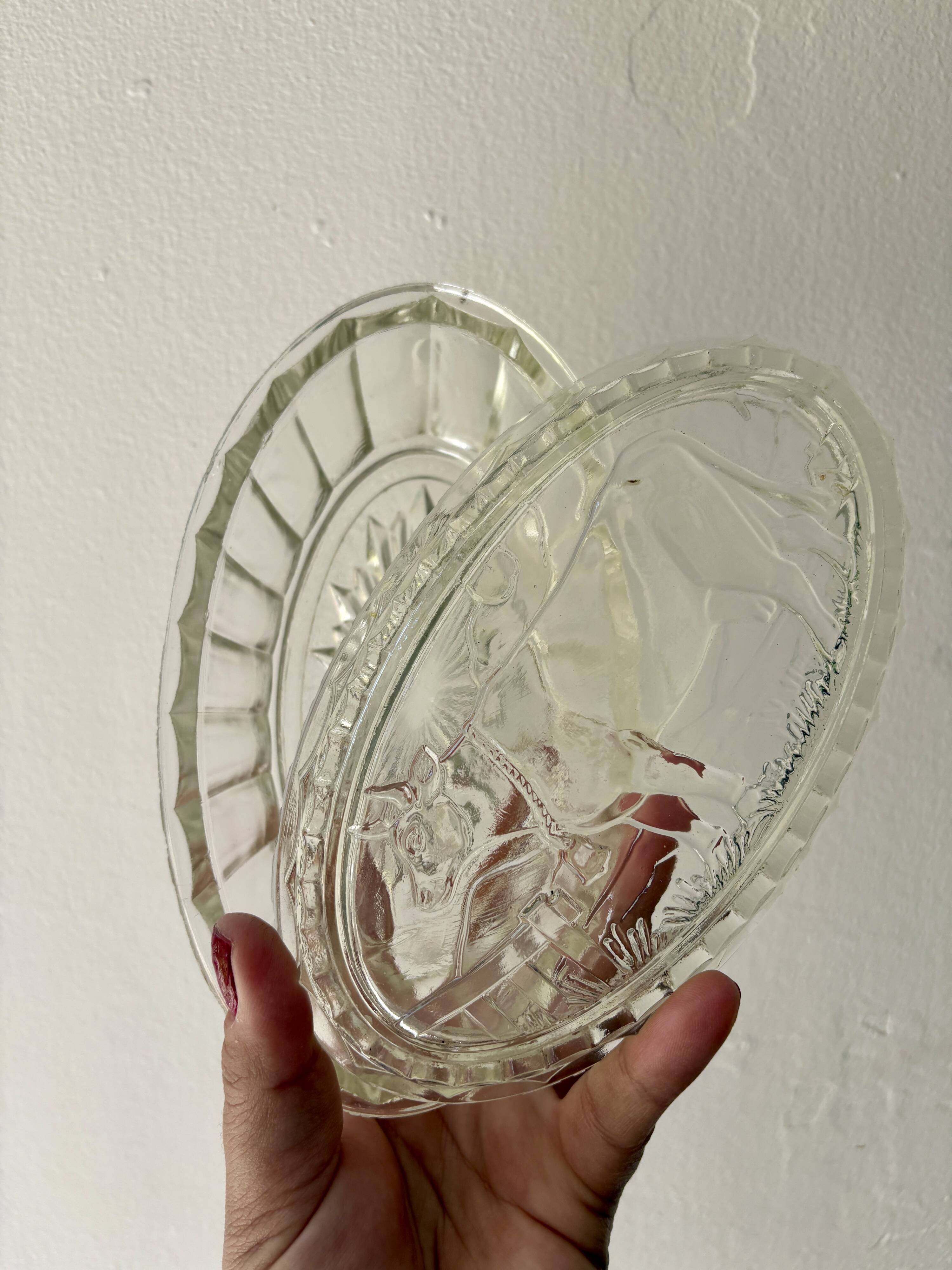 Vintage glass butter dish with cow decorations