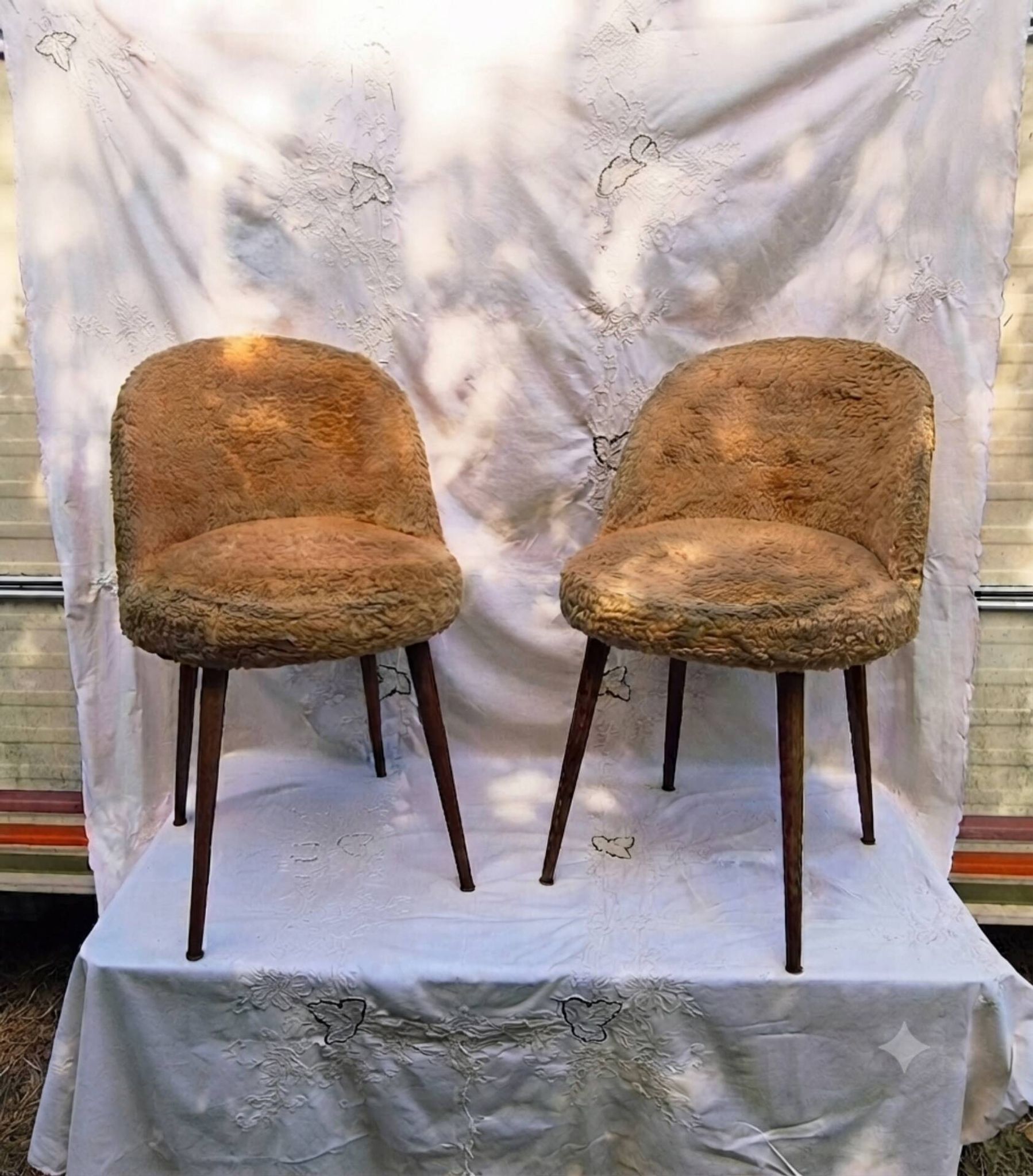 2 Scandinavian chairs with compass legs in faux fur and blue satin covers, 1970.