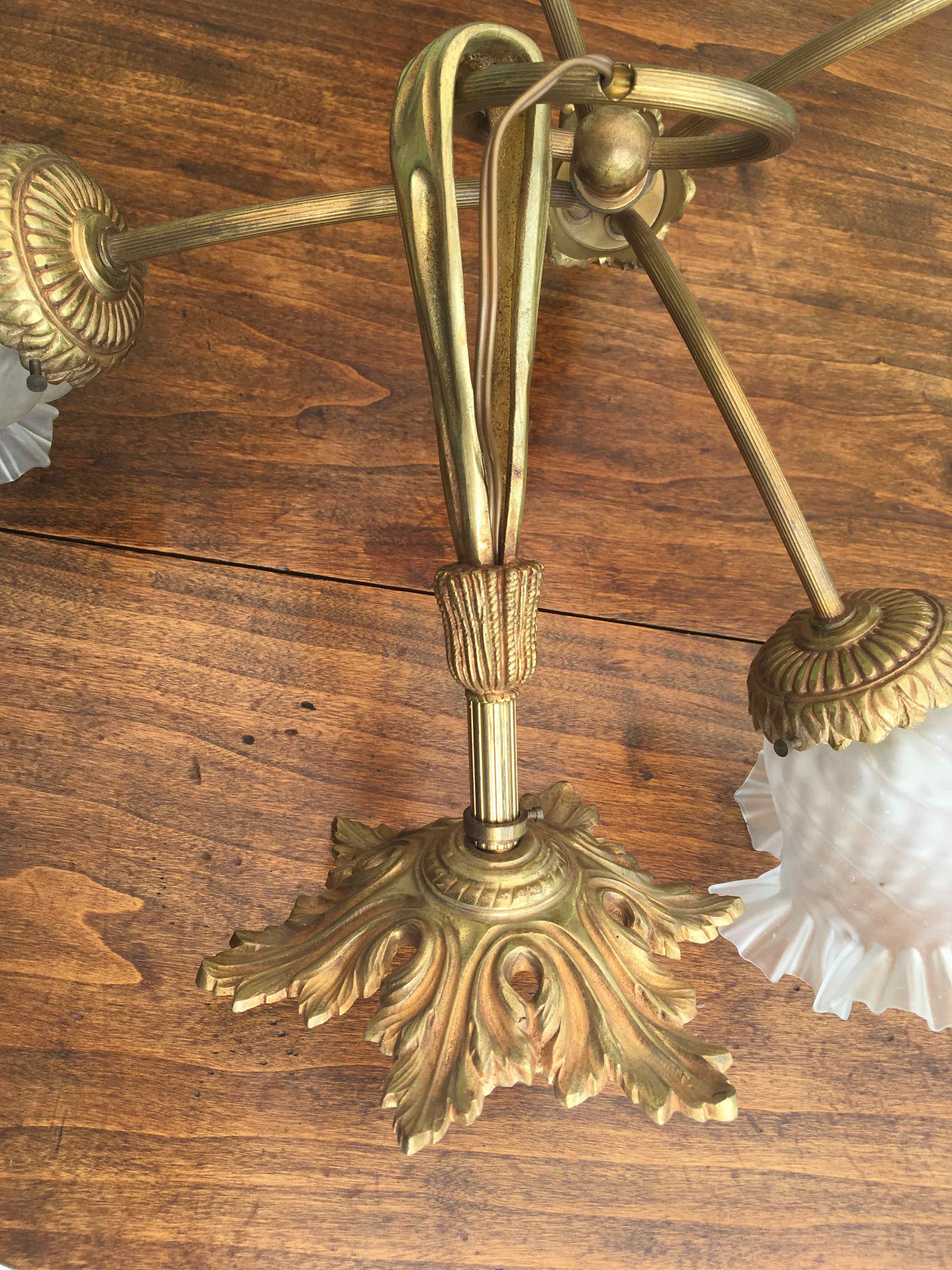 Art nouveau chandelier bronze and pressed glass