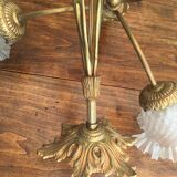 Art nouveau chandelier bronze and pressed glass