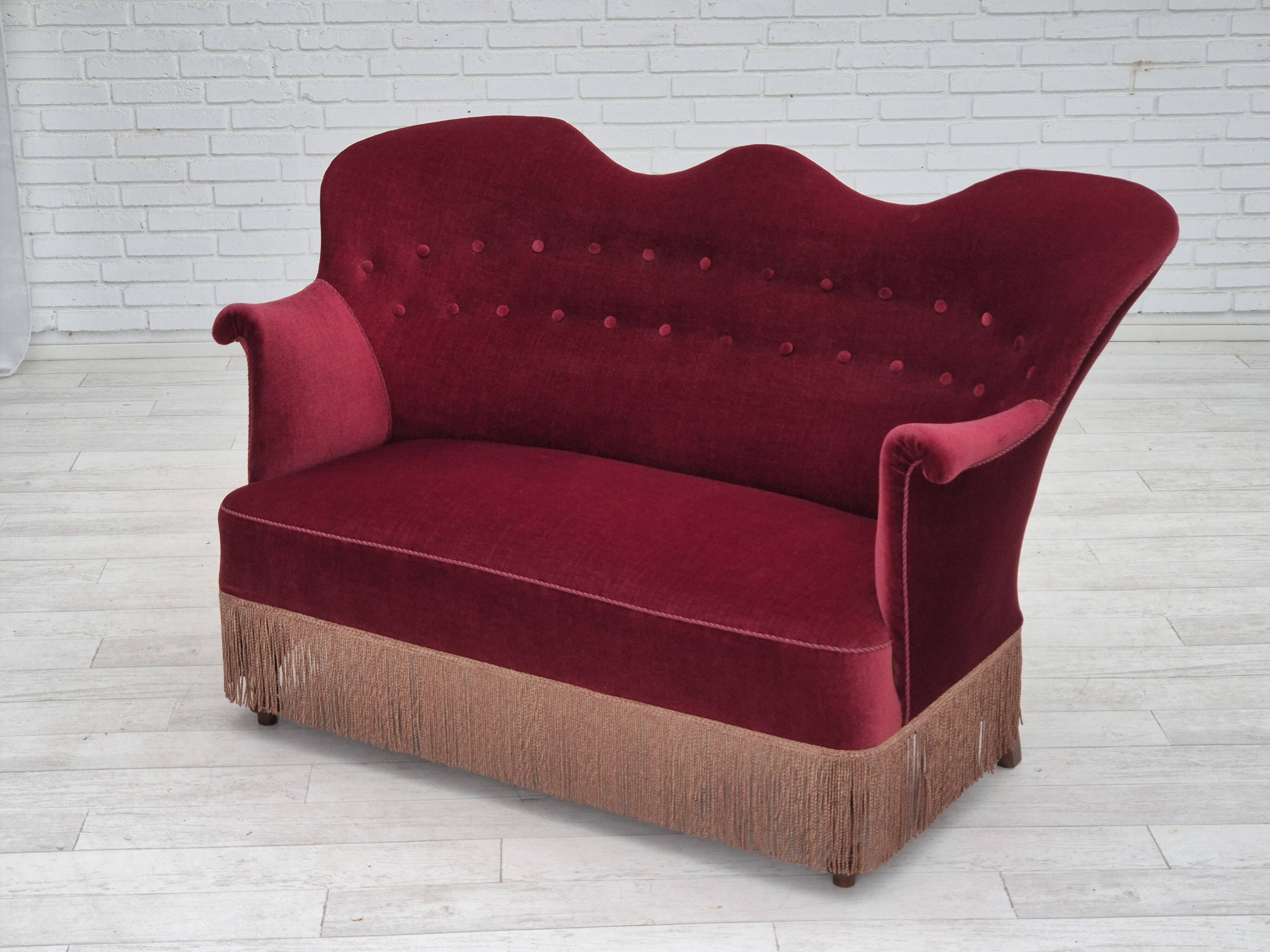 1950s, Danish 2-seater sofa, cherry-red furniture velour, ash wood.