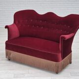 1950s, Danish 2-seater sofa, cherry-red furniture velour, ash wood.