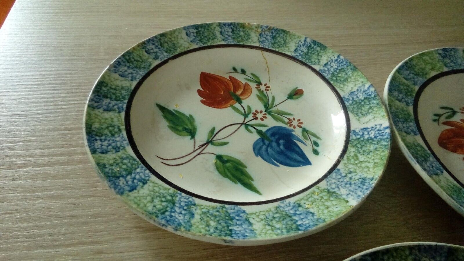 Fine earthenware plates from Forges Les Eaux, sponge decoration, late 19th century