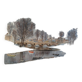 Original watercolor painting "Winter landscape with village and boats"