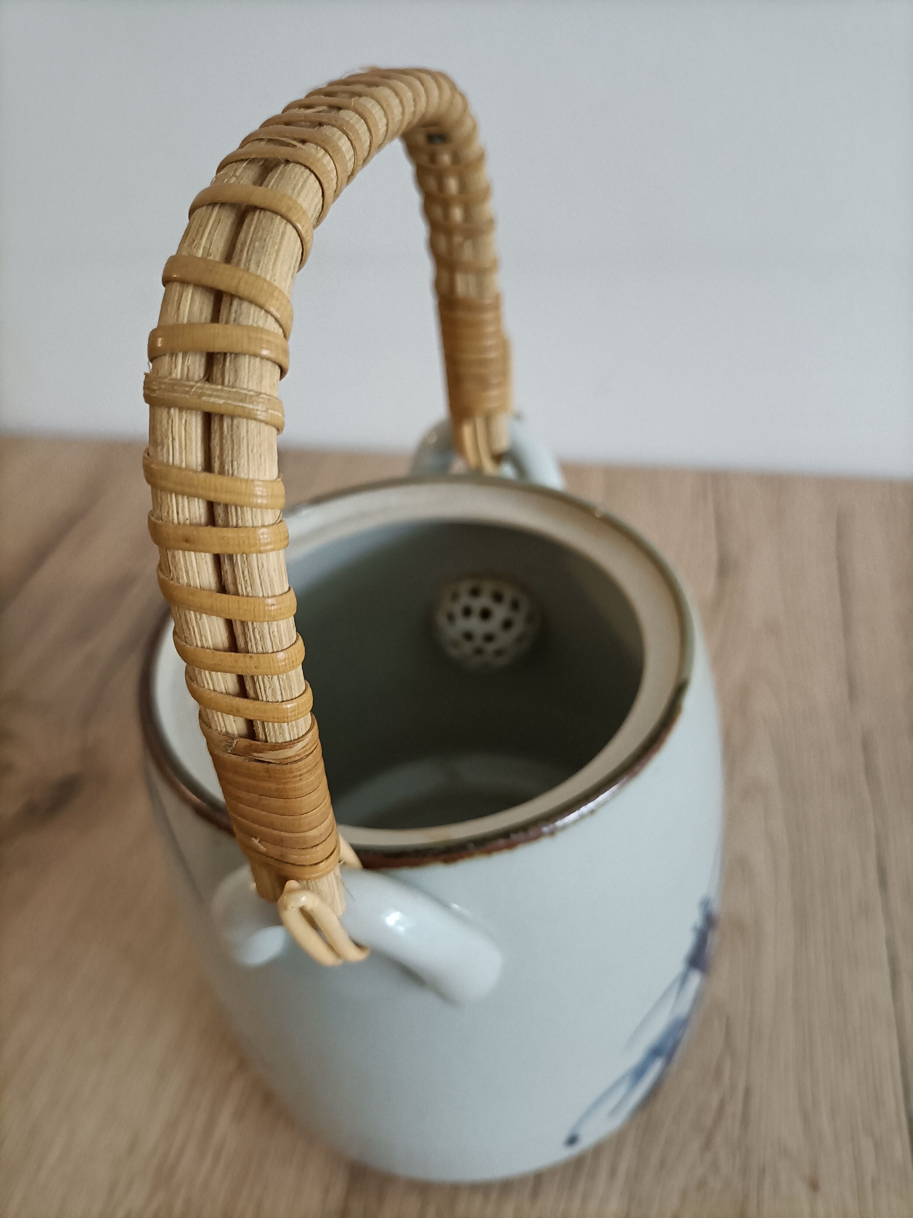 Japanese-inspired ceramic teapot blue bamboo pattern