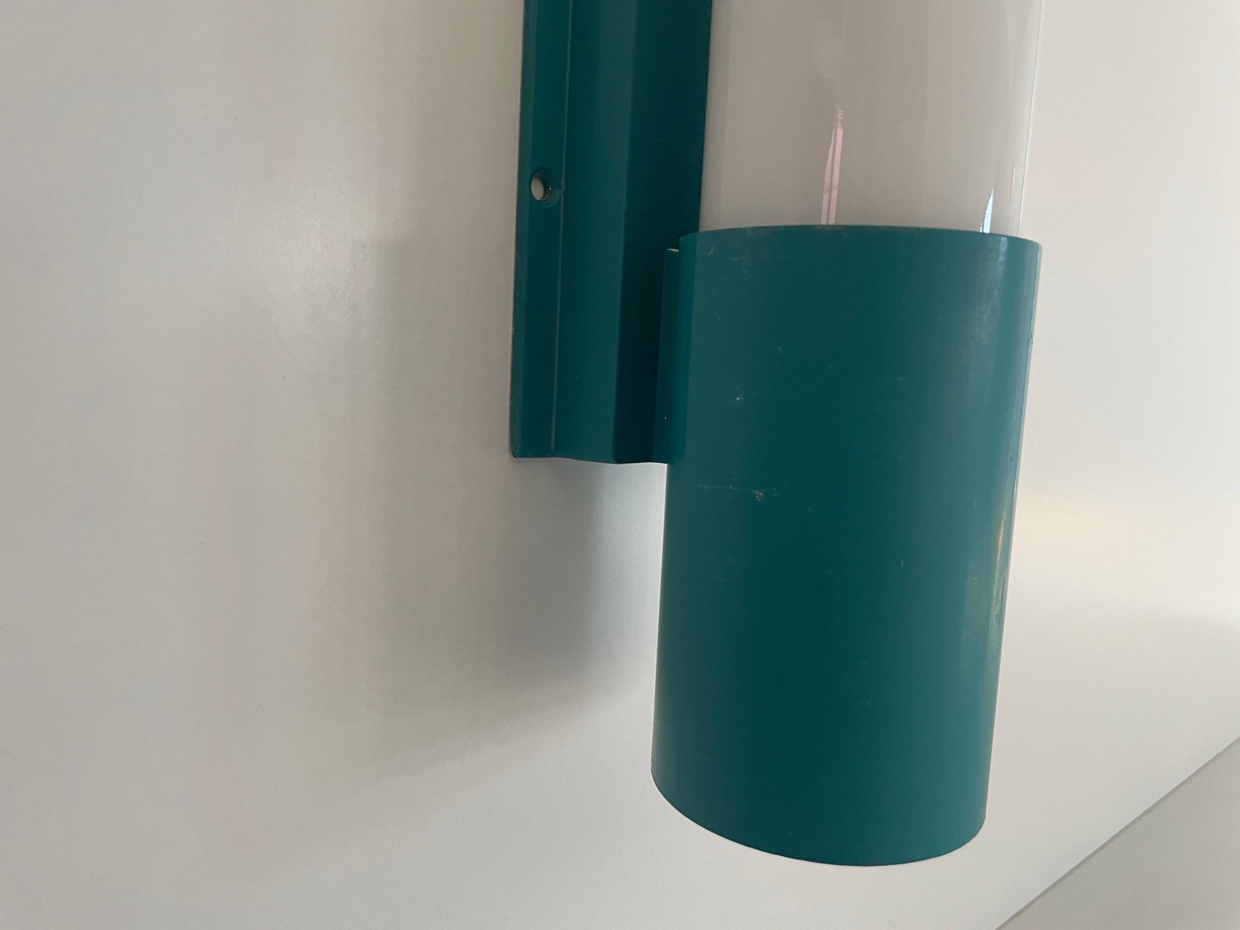 Simple cylindrical wall light in opal glass and turquoise metal, 1970s, Germany