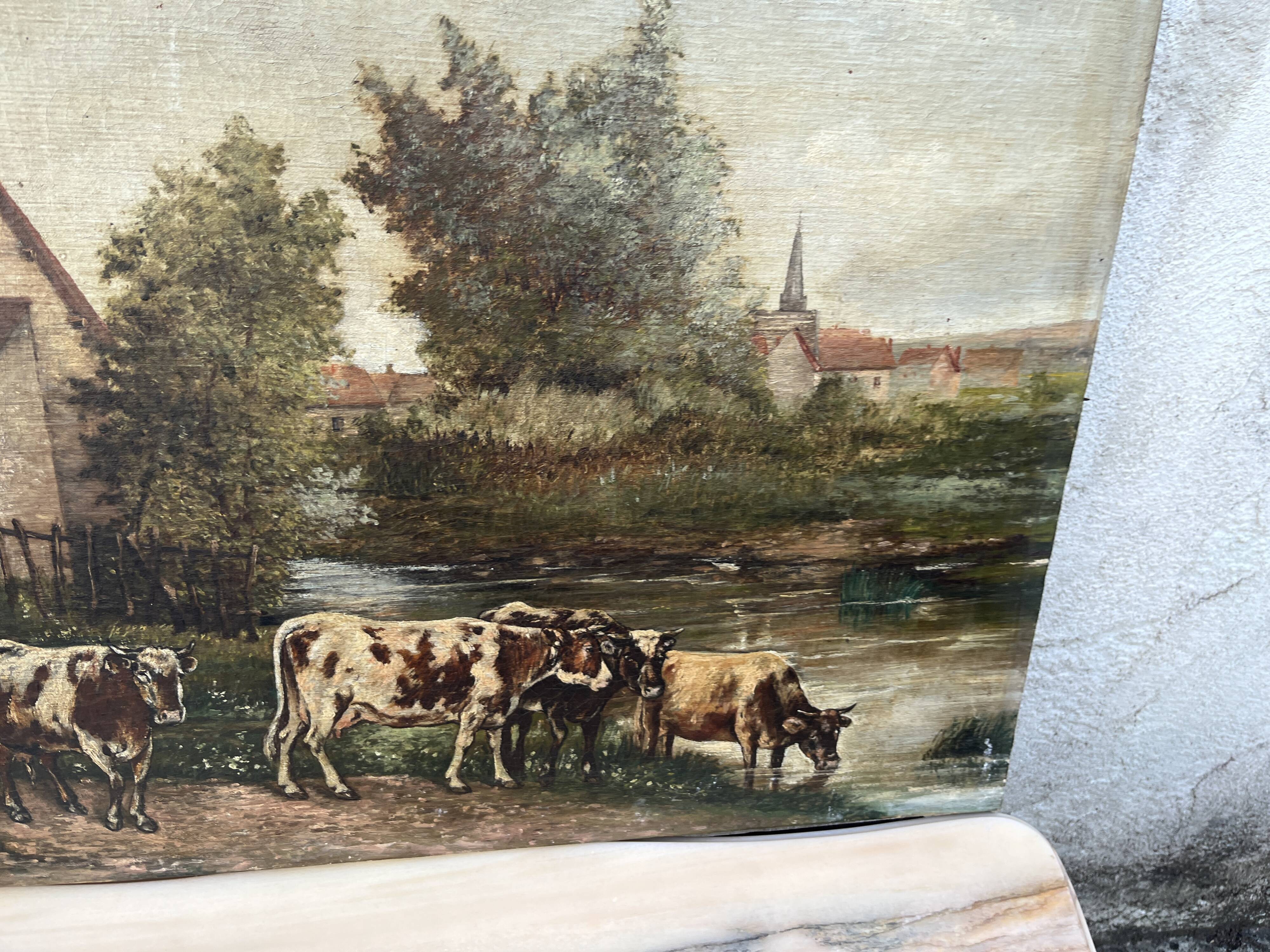 Old painting signed G. Thomas ? Cows at the watering place » (1906)