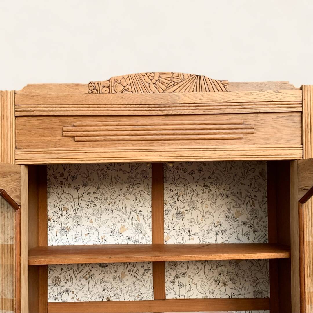 Parisian art deco glass cabinet in raw wood