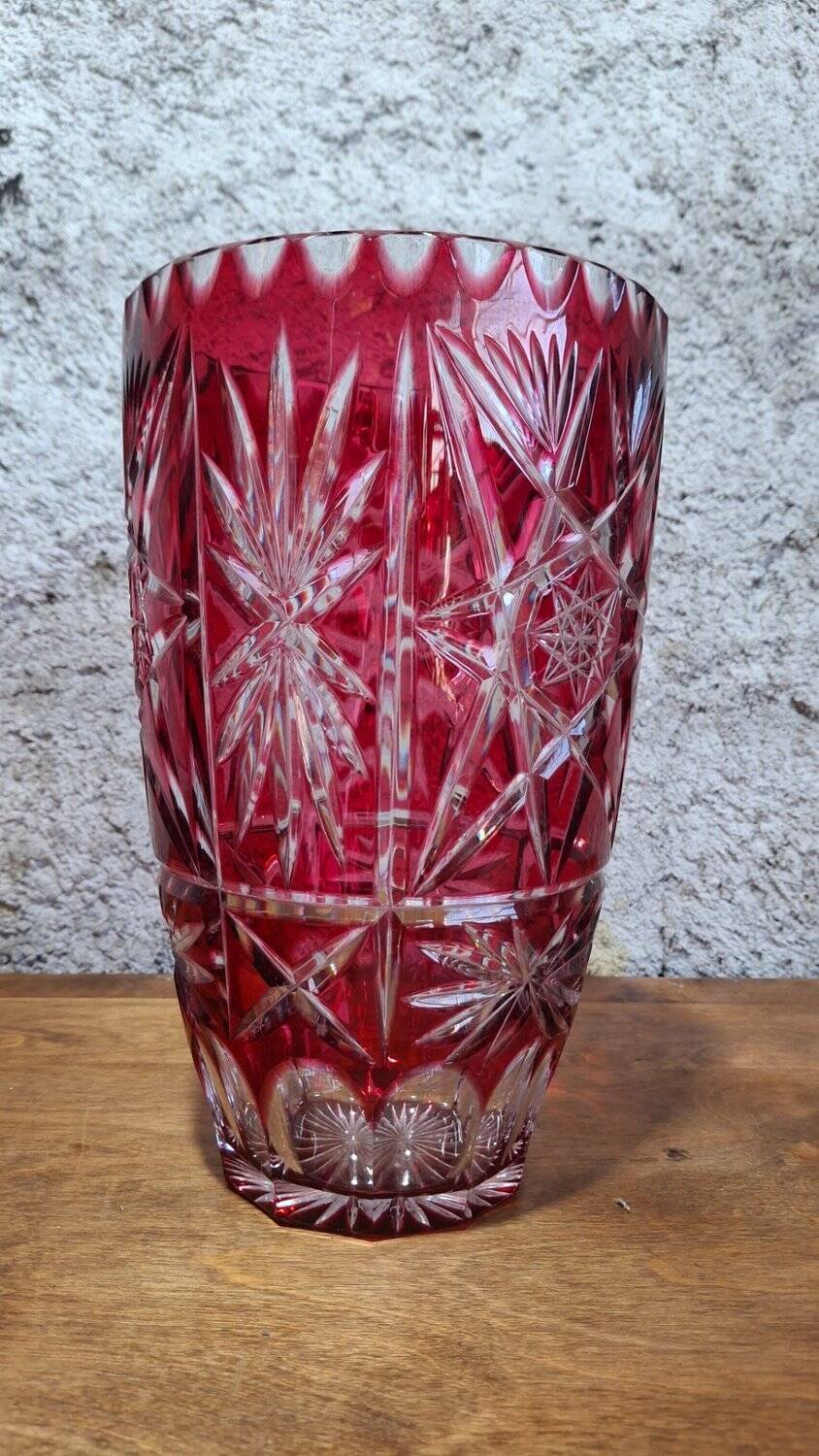 Large ruby red cut crystal vase – Central Europe 1950s