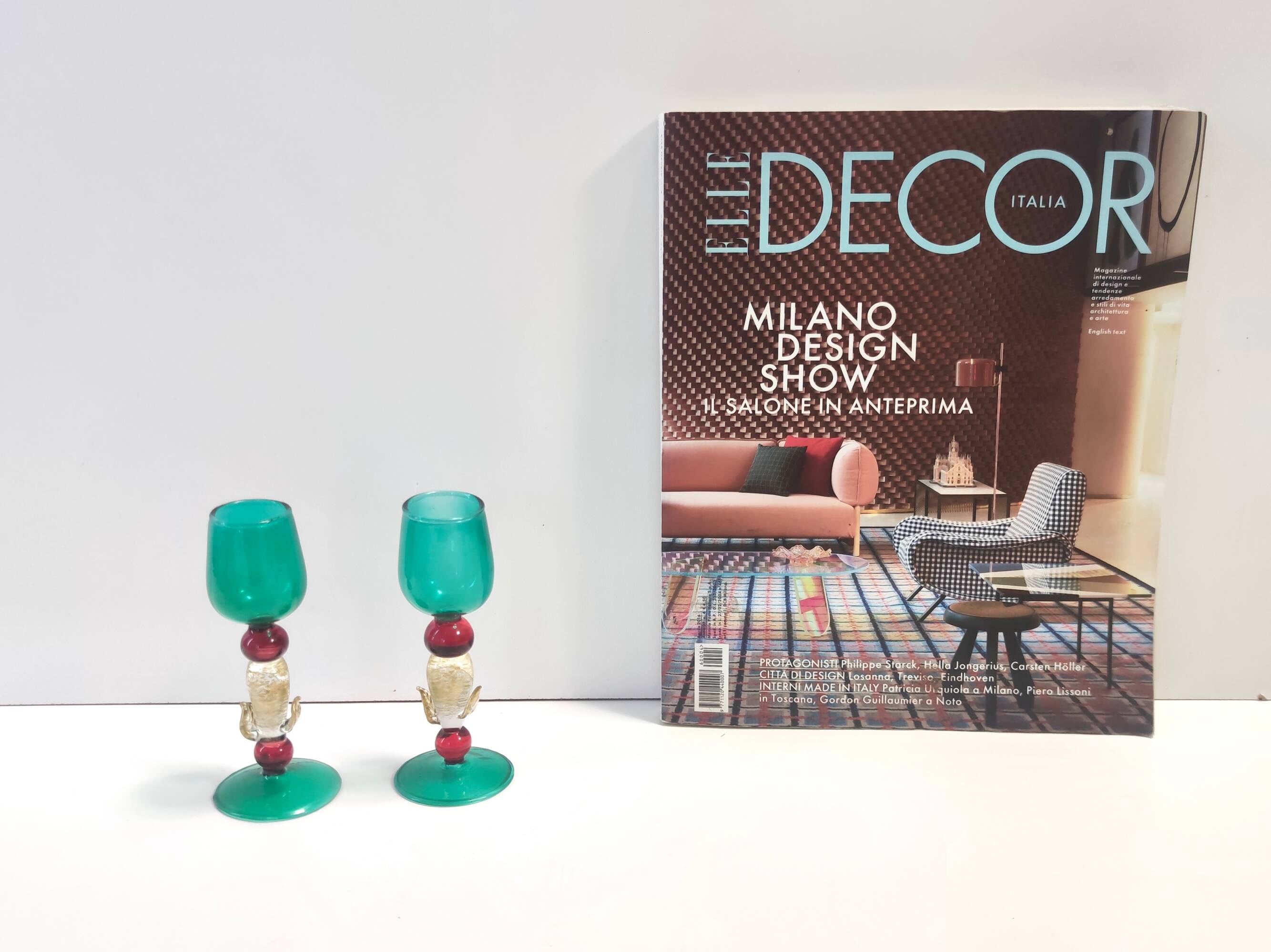 Postmodern Pair of Teal, Red and Gold Liqueur Glasses by Salviati, Murano, Italy