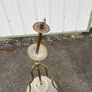 Antique brass chandelier with 3 lights and frosted glass shades.