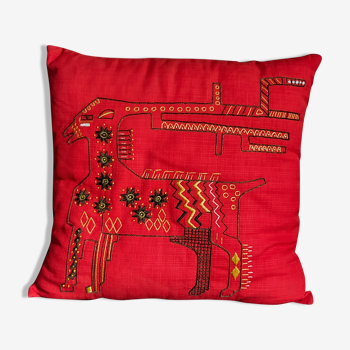 Vintage hand embroidered canvas cushion
