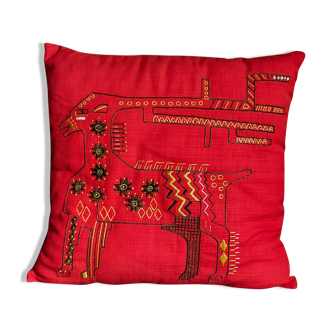 Vintage hand embroidered canvas cushion