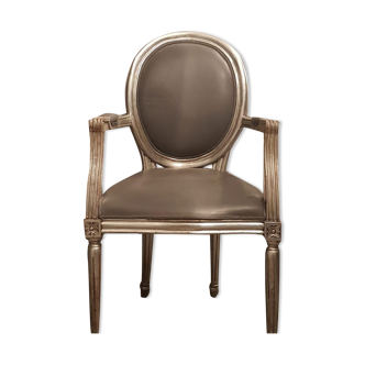 Silver grey medallion armchair type aged wood