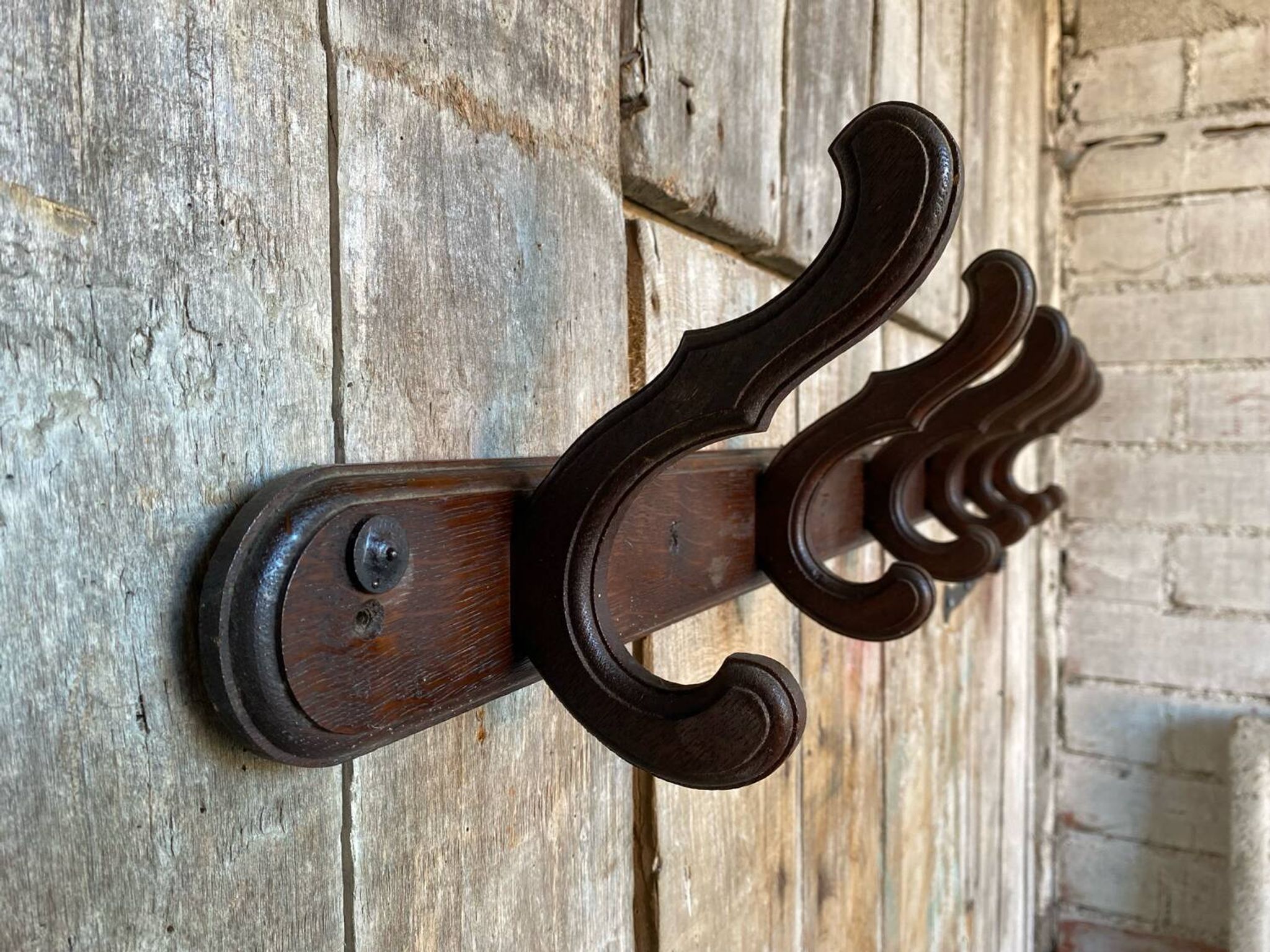 Wall-Mounted Coat Rack with 6 Curved Wooden Hooks Vintage #D740