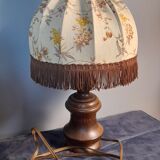 bedside lamp turned wood, lampshade dome ecru flowers and brown, rustic & romantic, 50s