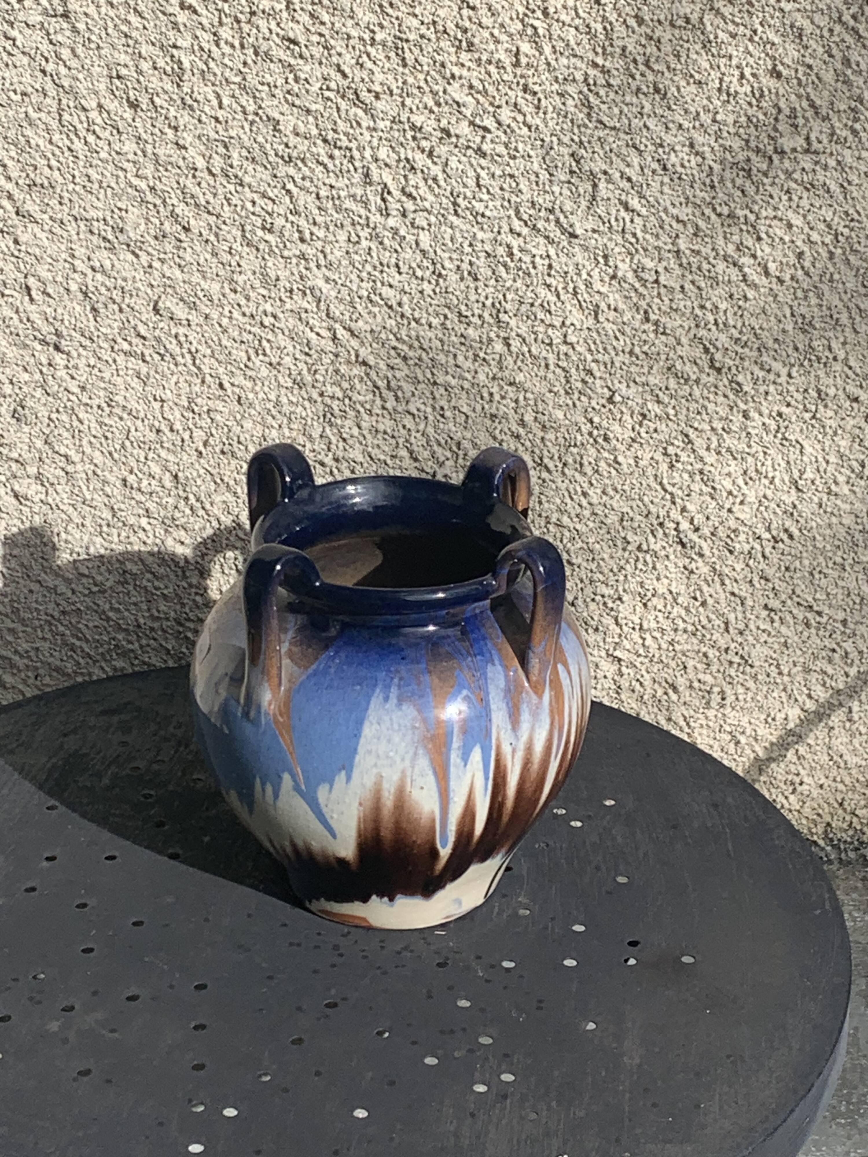 Amphora vase in mixed earth, shades of blue, beige and white, pottery, vintage