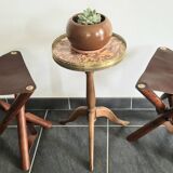 Set of teak and leather tripod stools