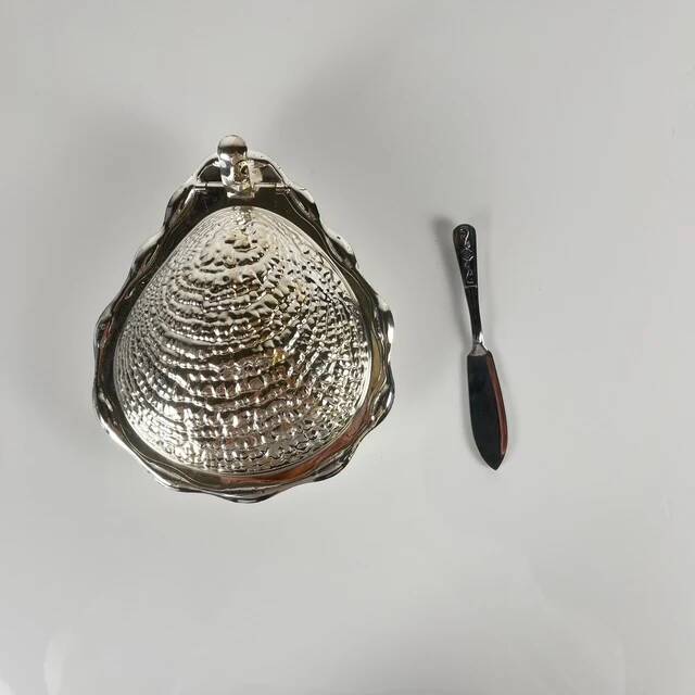 Vintage metal butter dish "Oyster" with glass insert, 1970.