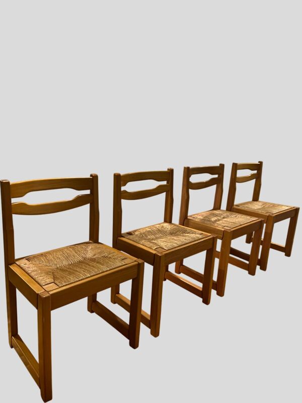 Lot de 4 Chaises Traîneau Vintage en Orme et Paille – Maison Regain –