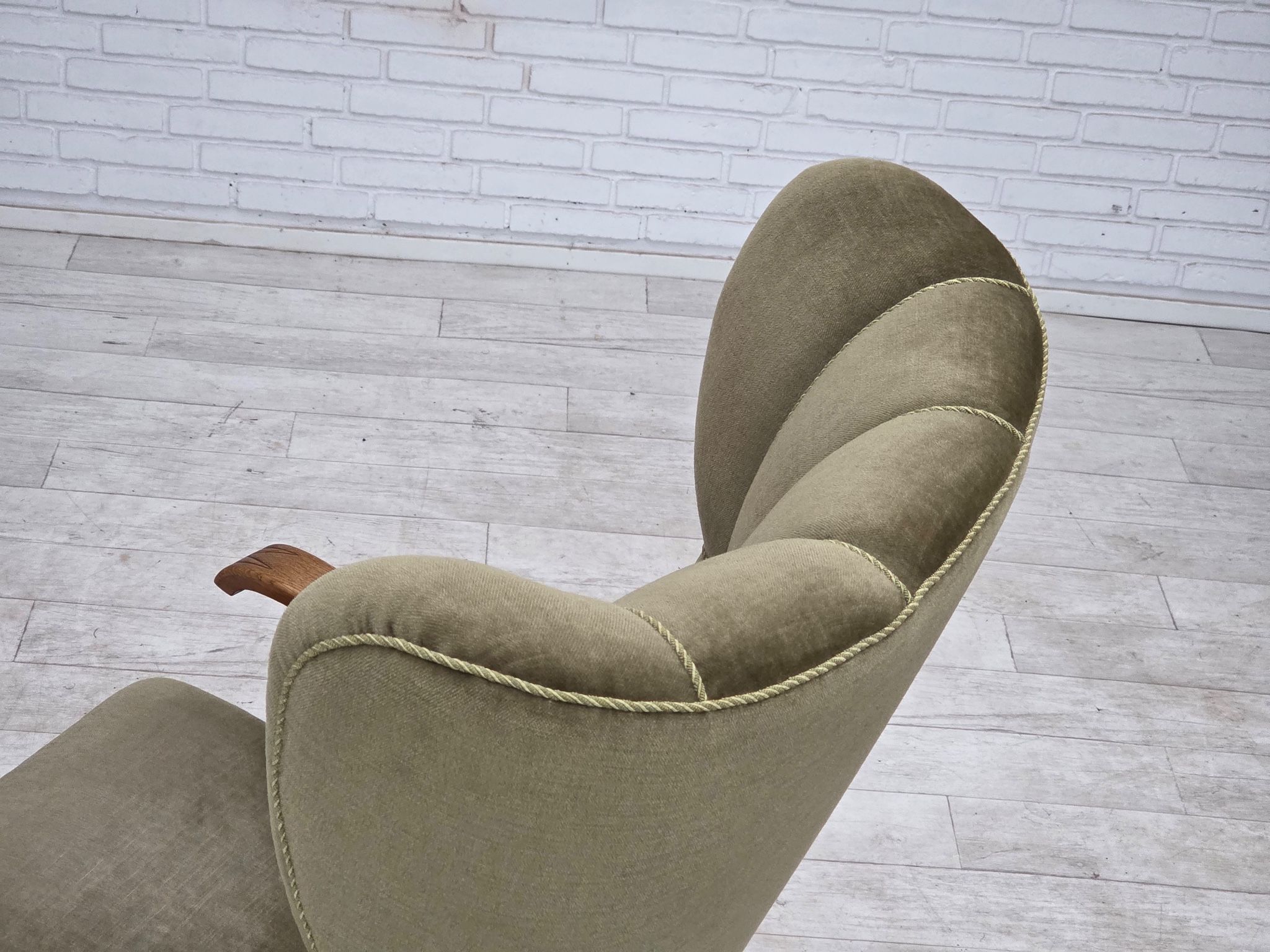 1960s, Danish highback armchair, furniture velour, oak wood.