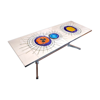 Table basse vintage années 70 en céramique et métal chromé