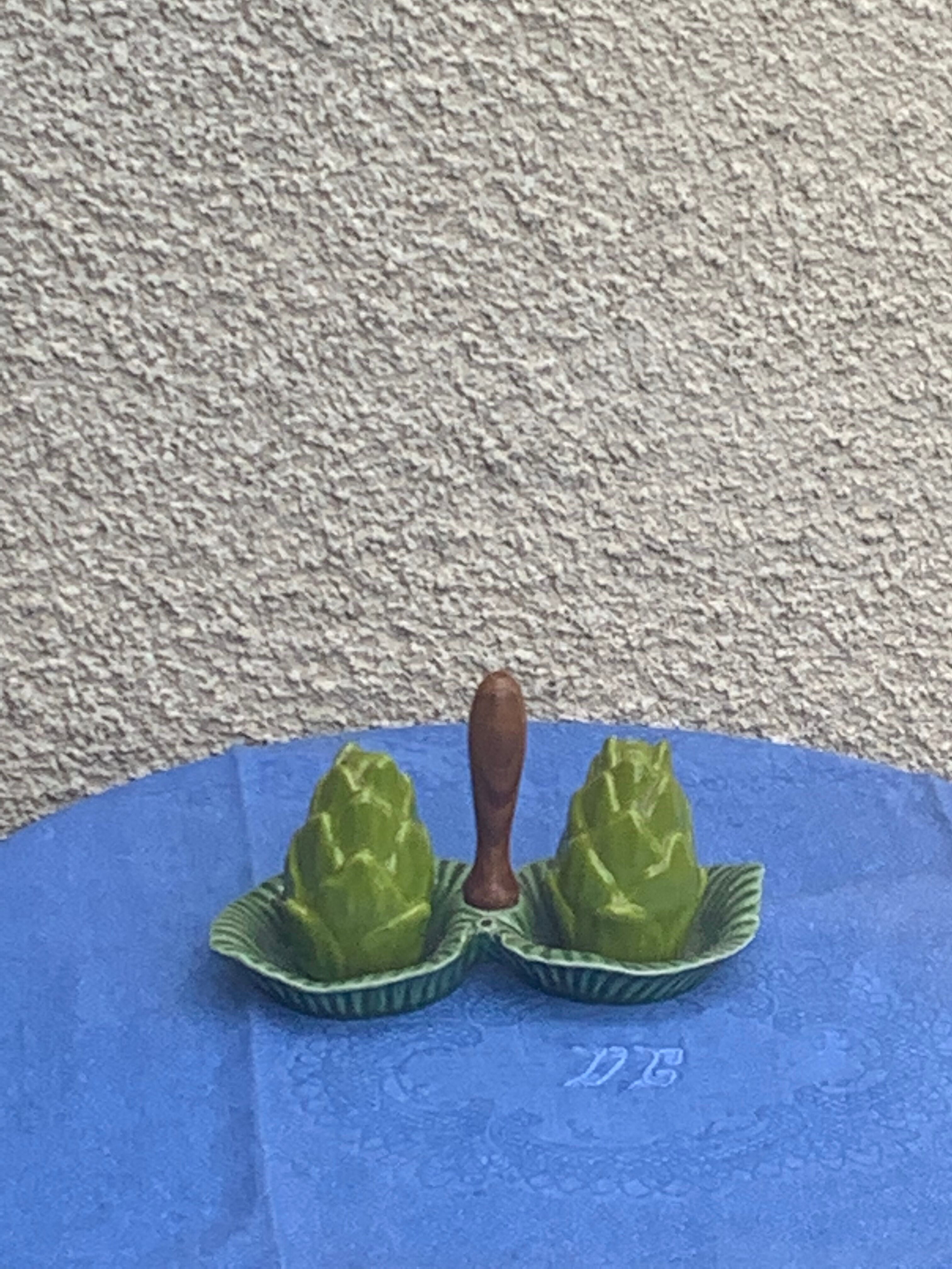 Vintage glazed ceramic barbotine artichoke shaped salt cellars