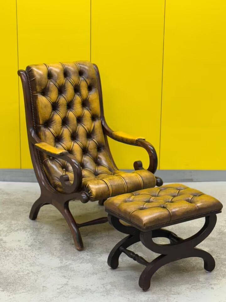 Original English Chesterfield Wingback Chair & Matching Footstool