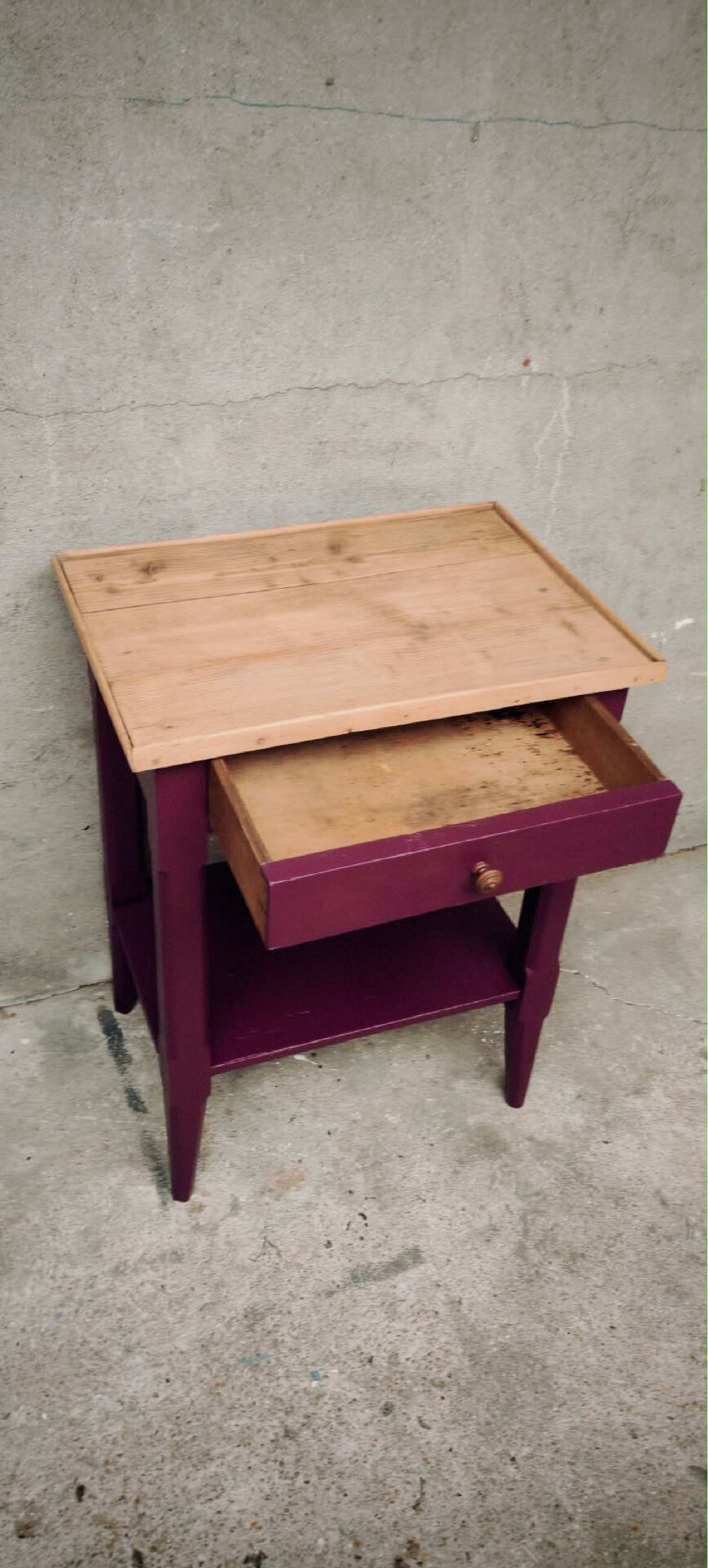Wood and aubergine bedside table