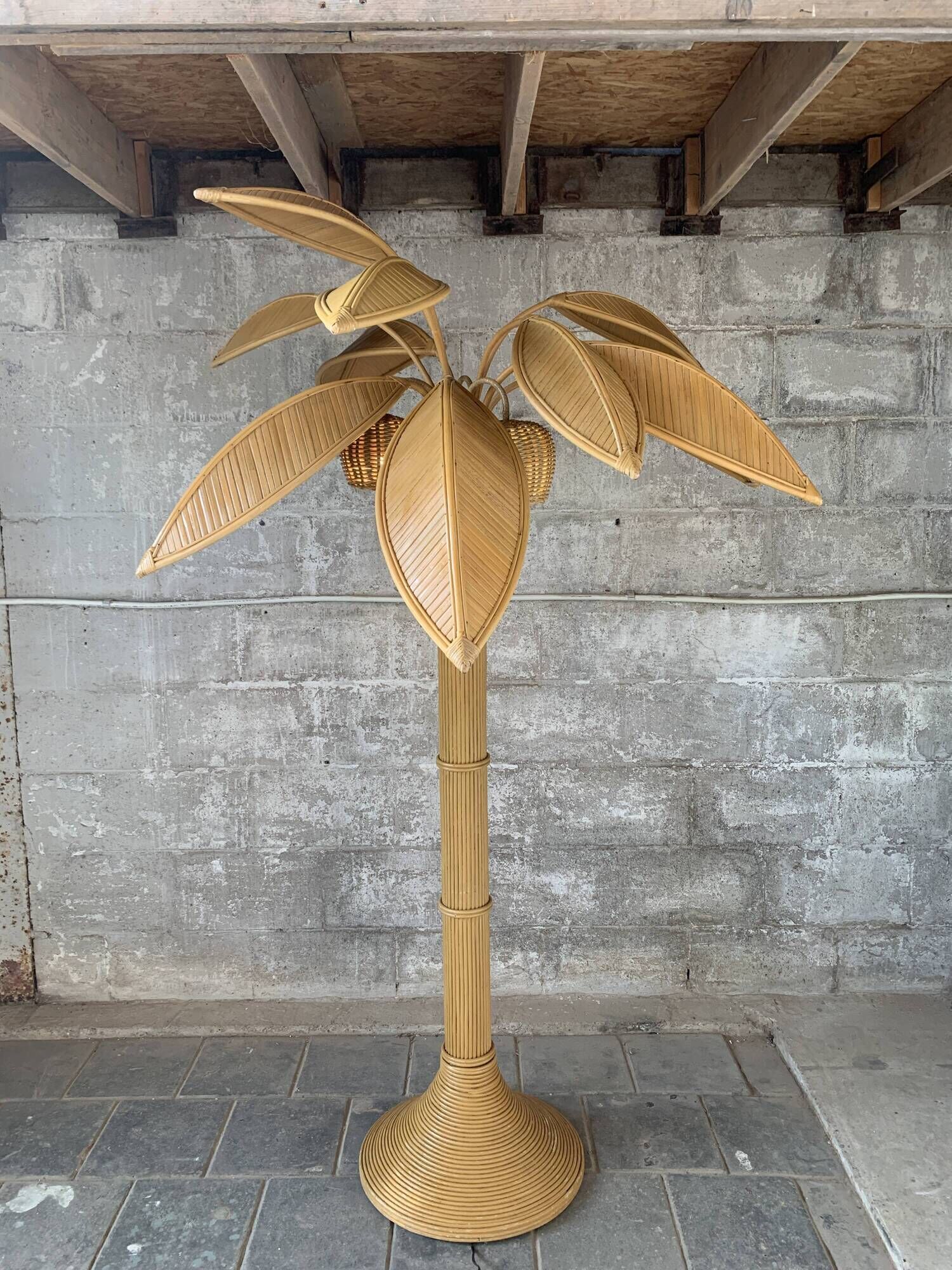 Pencil Reed rattan bamboo coconut palm tree floor lamp, Mario Lopez Torres, 1970s