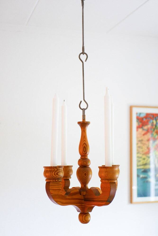 Rustic wooden pendant chandelier candleholder from Smålandsslöjd, Sweden, 1975