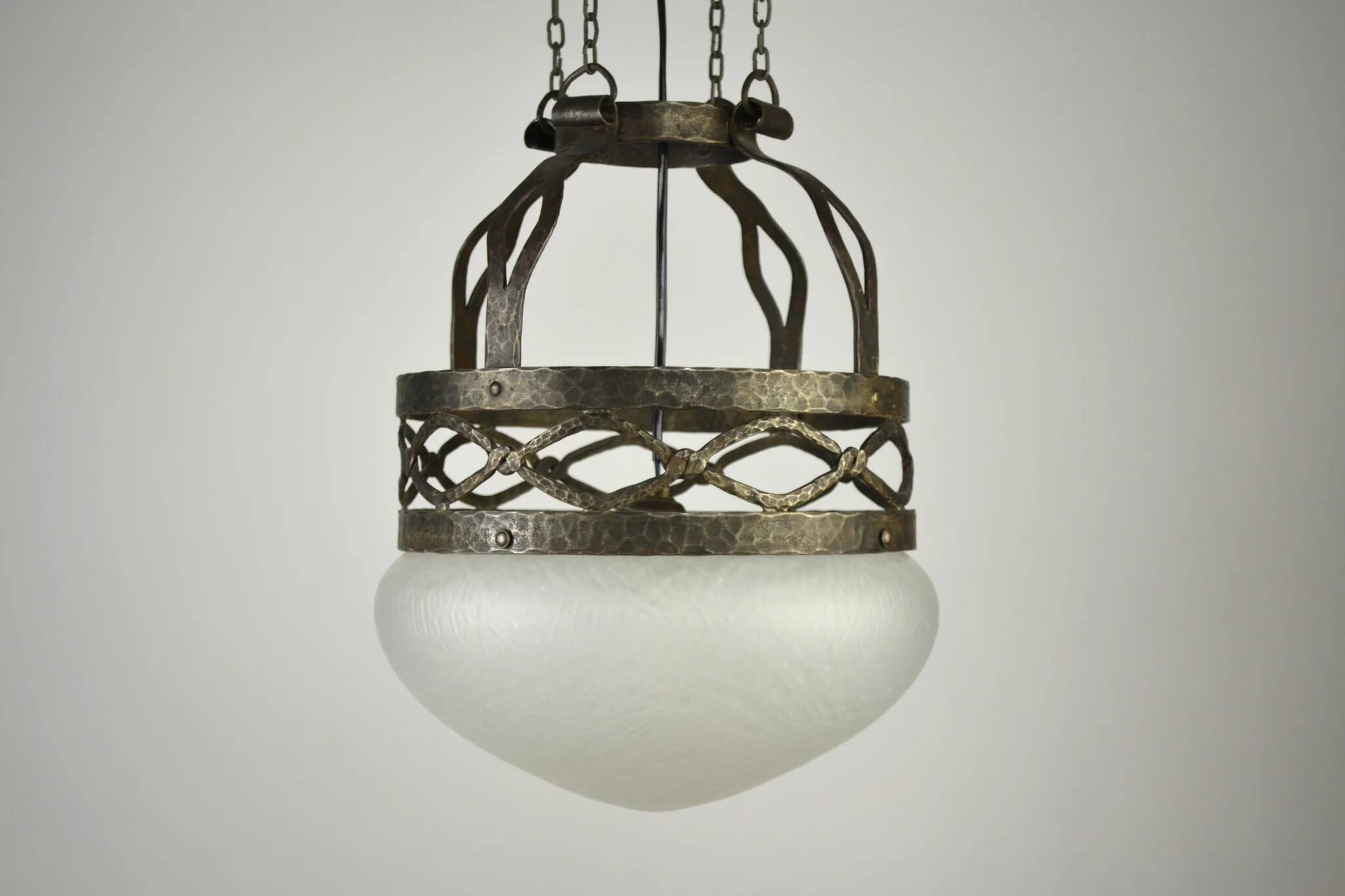 Ceiling lamp, hand-forged hammered iron with glass shade, early 20th century, Sweden