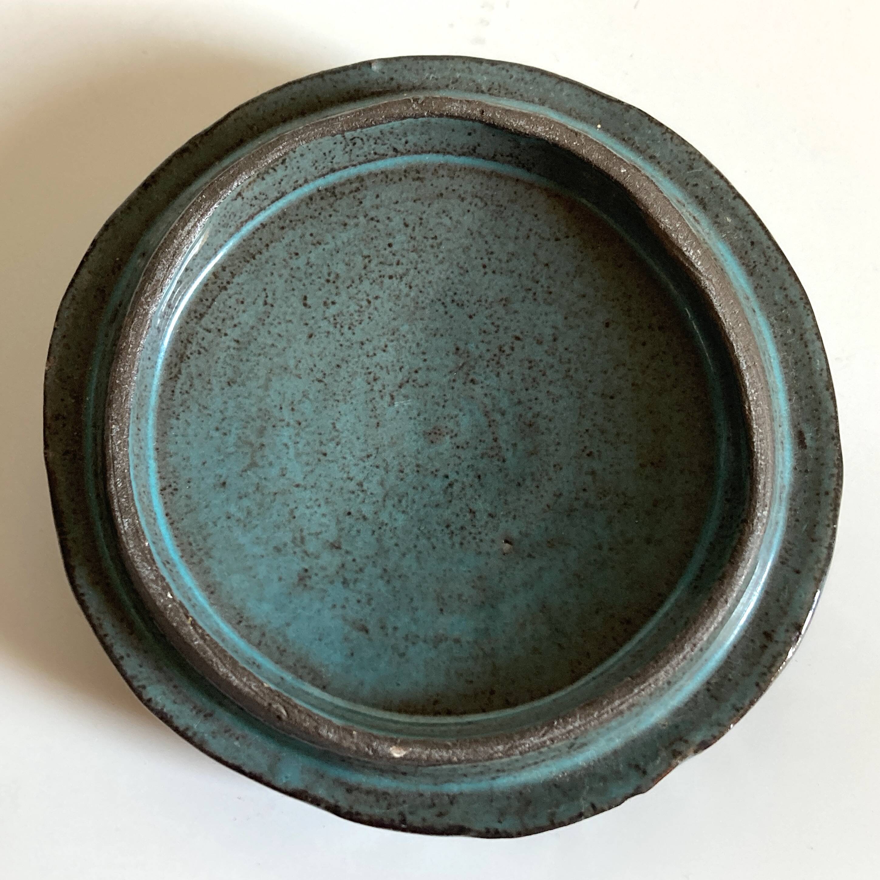 Green-blue enameled ceramic (stoneware) candy box with mermaid decoration, mid-20th century