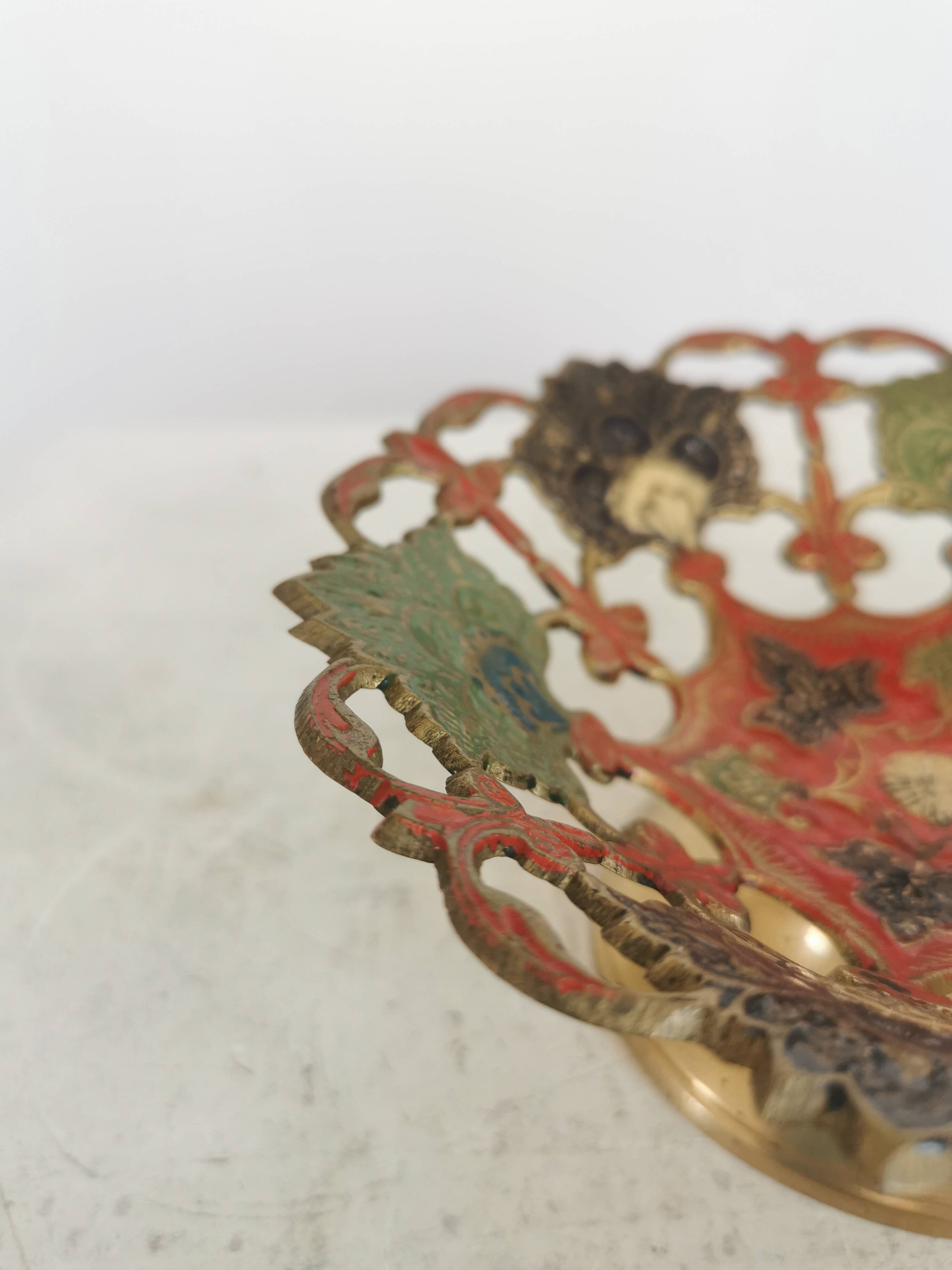 Vintage Brass Pedestal Bowl: Floral Motif, Red Blue Green Painted
