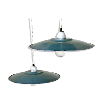 Duo of hanging lamp bistro sheet enamelled sheet metal