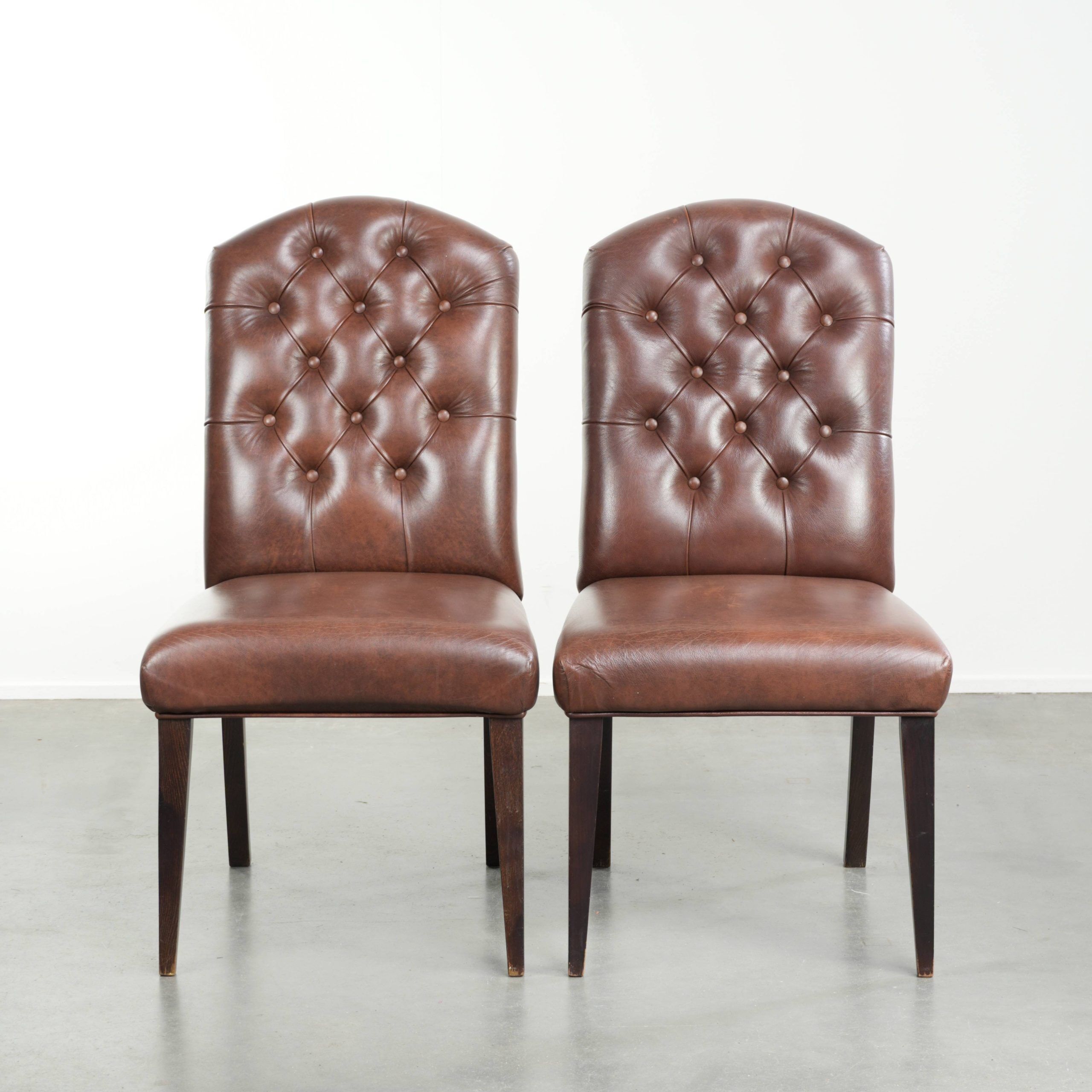 Set of 2 cognac-coloured vintage cow leather chesterfield dining chairs