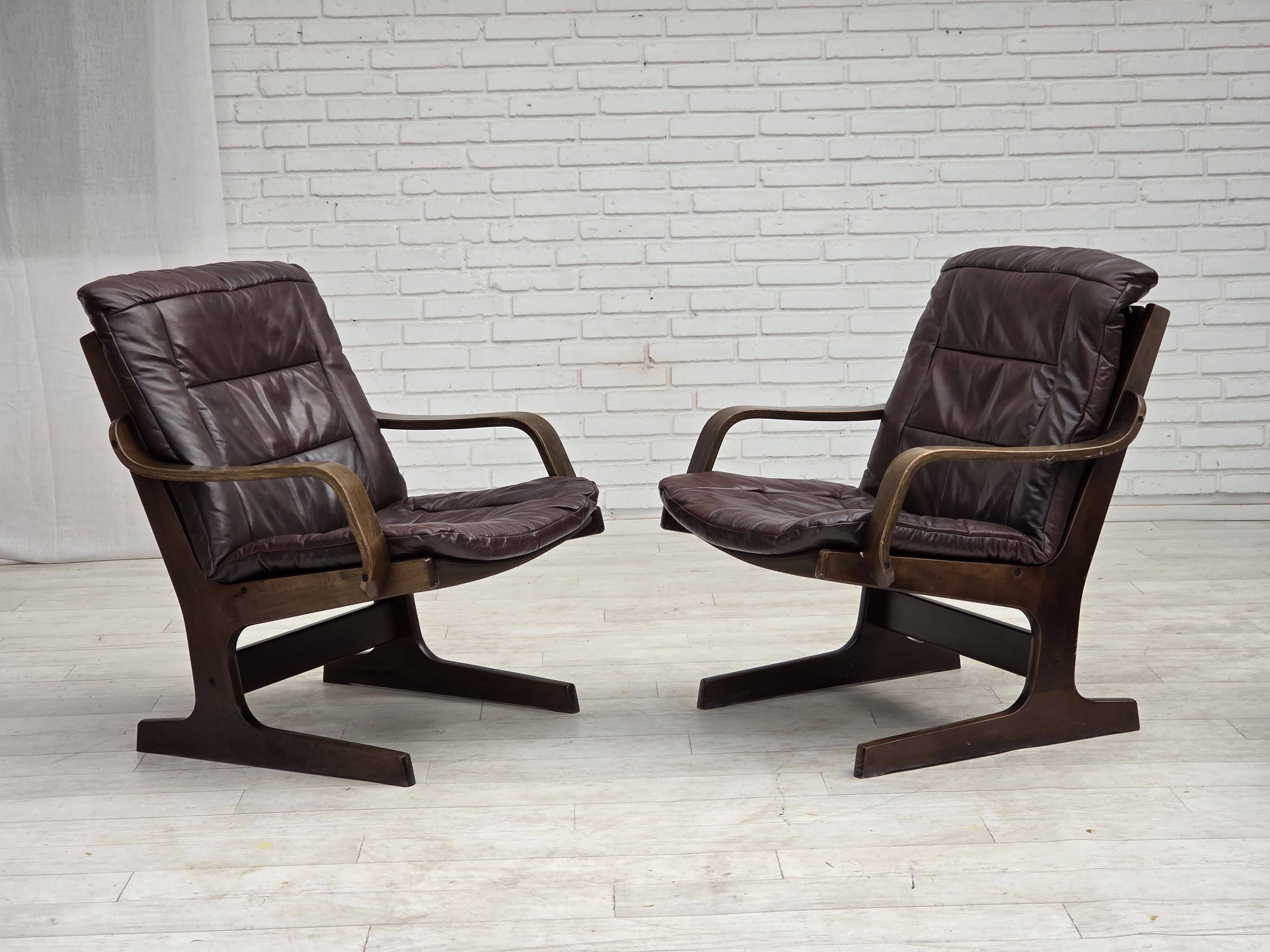 Fauteuil scandinave en cuir marron, années 1970