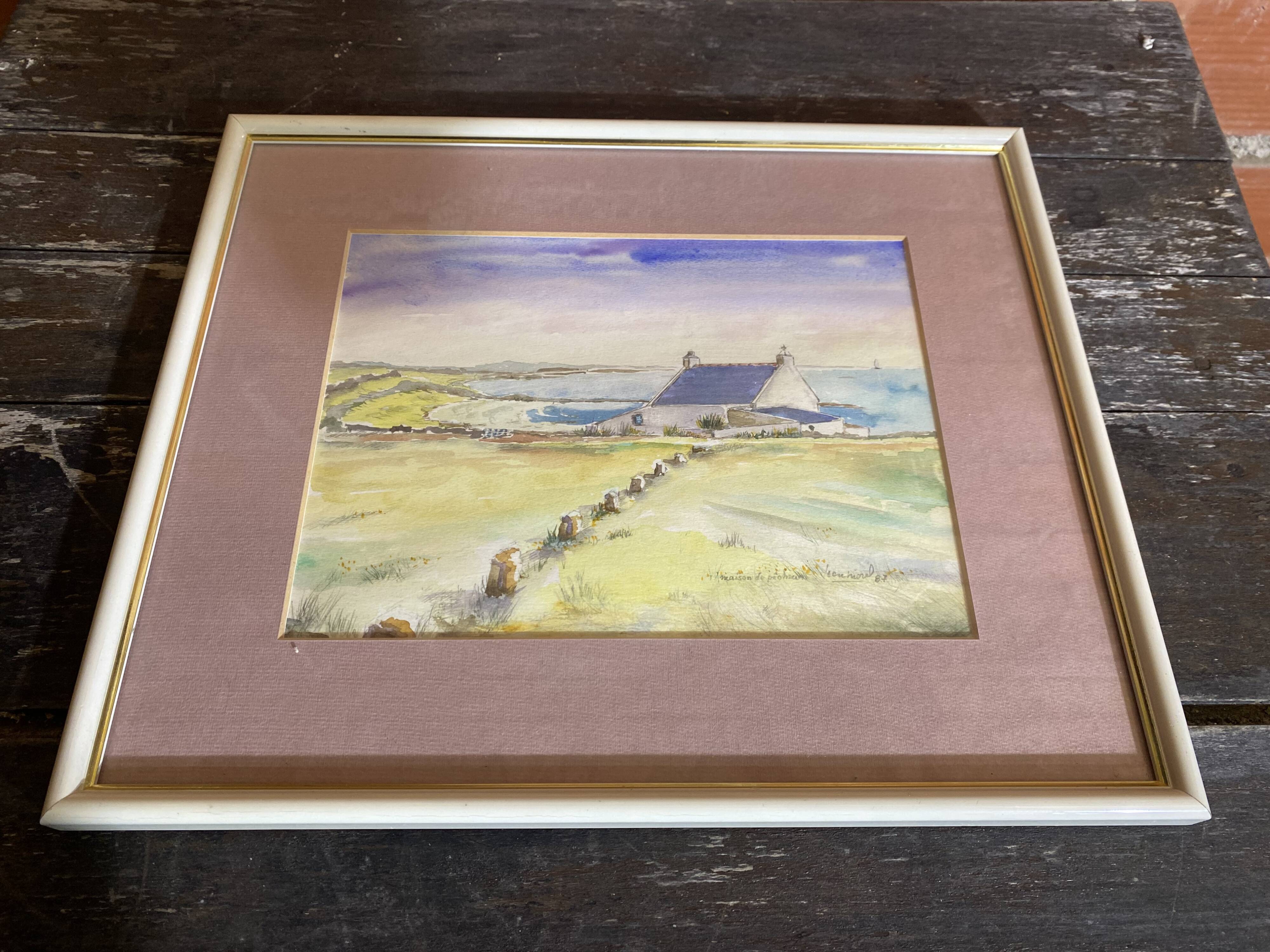 Aquarelle Sur Papier JEAN MOREL Vue Maison De Pêcheurs + Cadre Bois Blanc