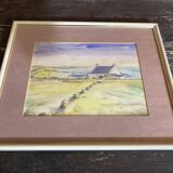 Aquarelle Sur Papier JEAN MOREL Vue Maison De Pêcheurs + Cadre Bois Blanc