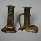 Pair of brass candlesticks candelabra art deco owls country decoration old gilded metal