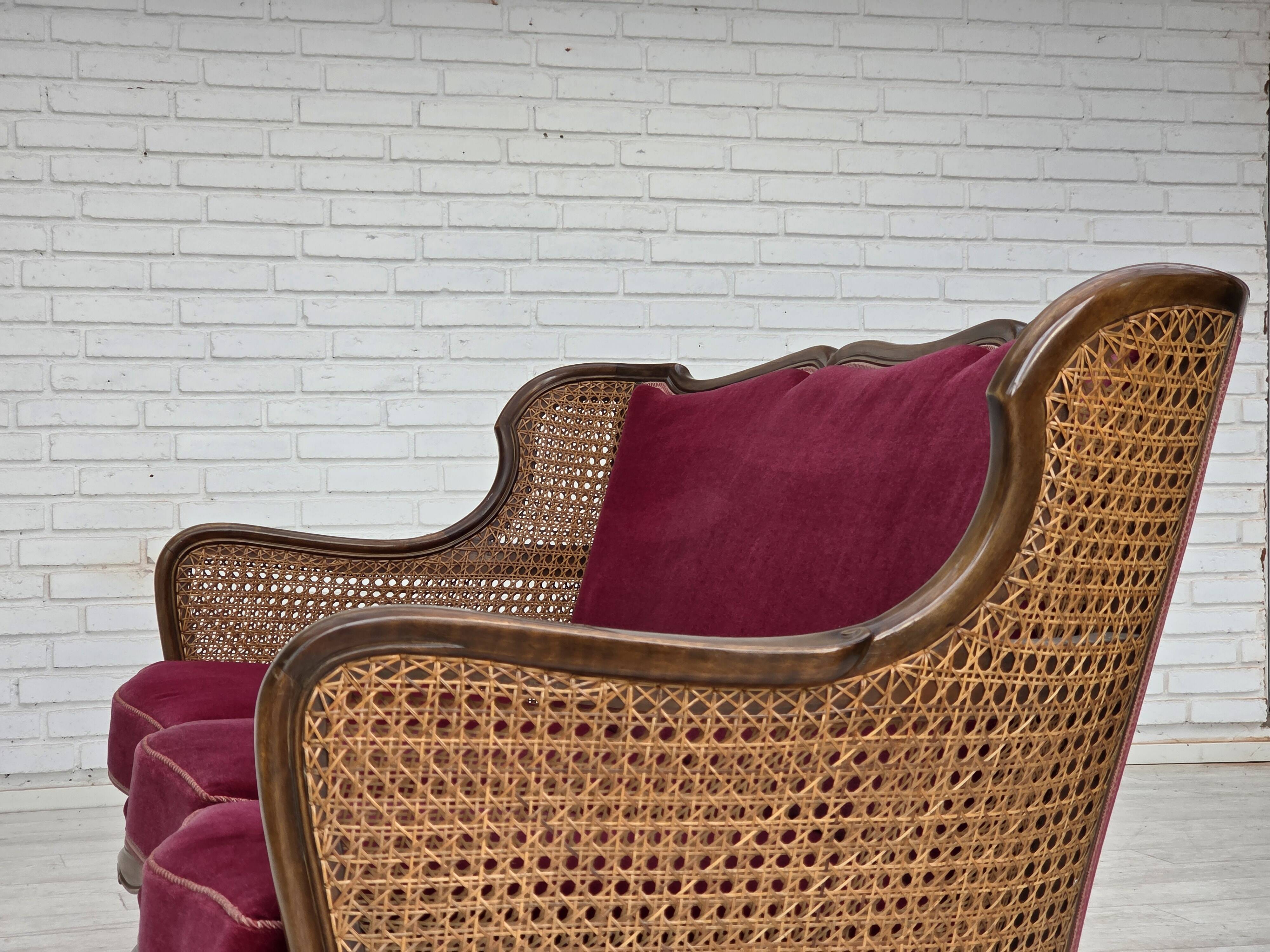 1950s, Danish 3-seater sofa, furniture velour, ash wood, mesh.