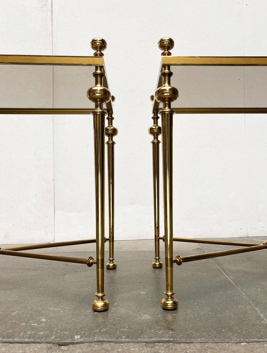 Mid-century Hollywood neoclassical brass and glass side or bedside tables attributed to Vereinigte Werkstätten, Germany, 1960s, set of 2.