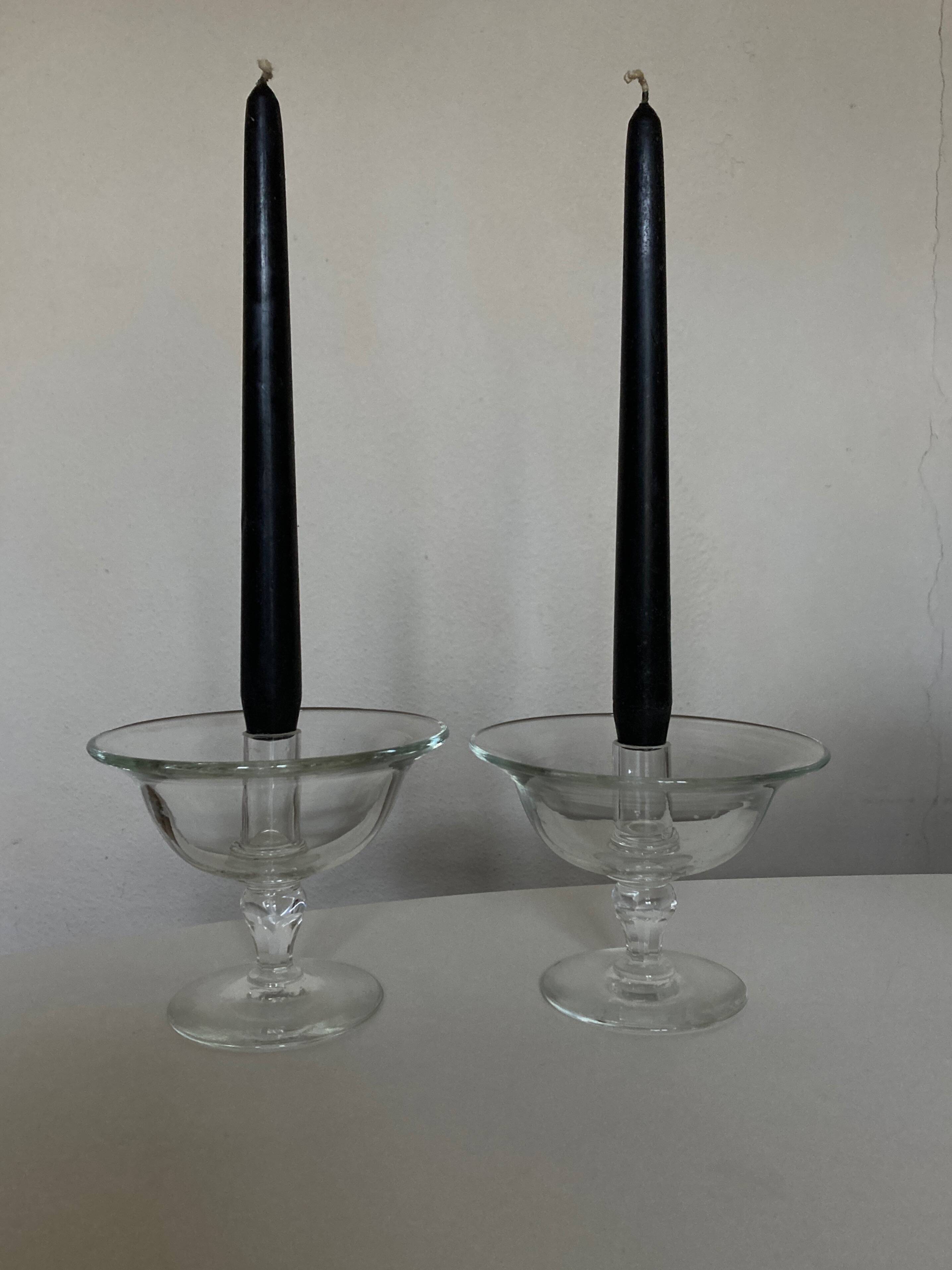 Pair of 19th century Medici glass candlesticks with button feet