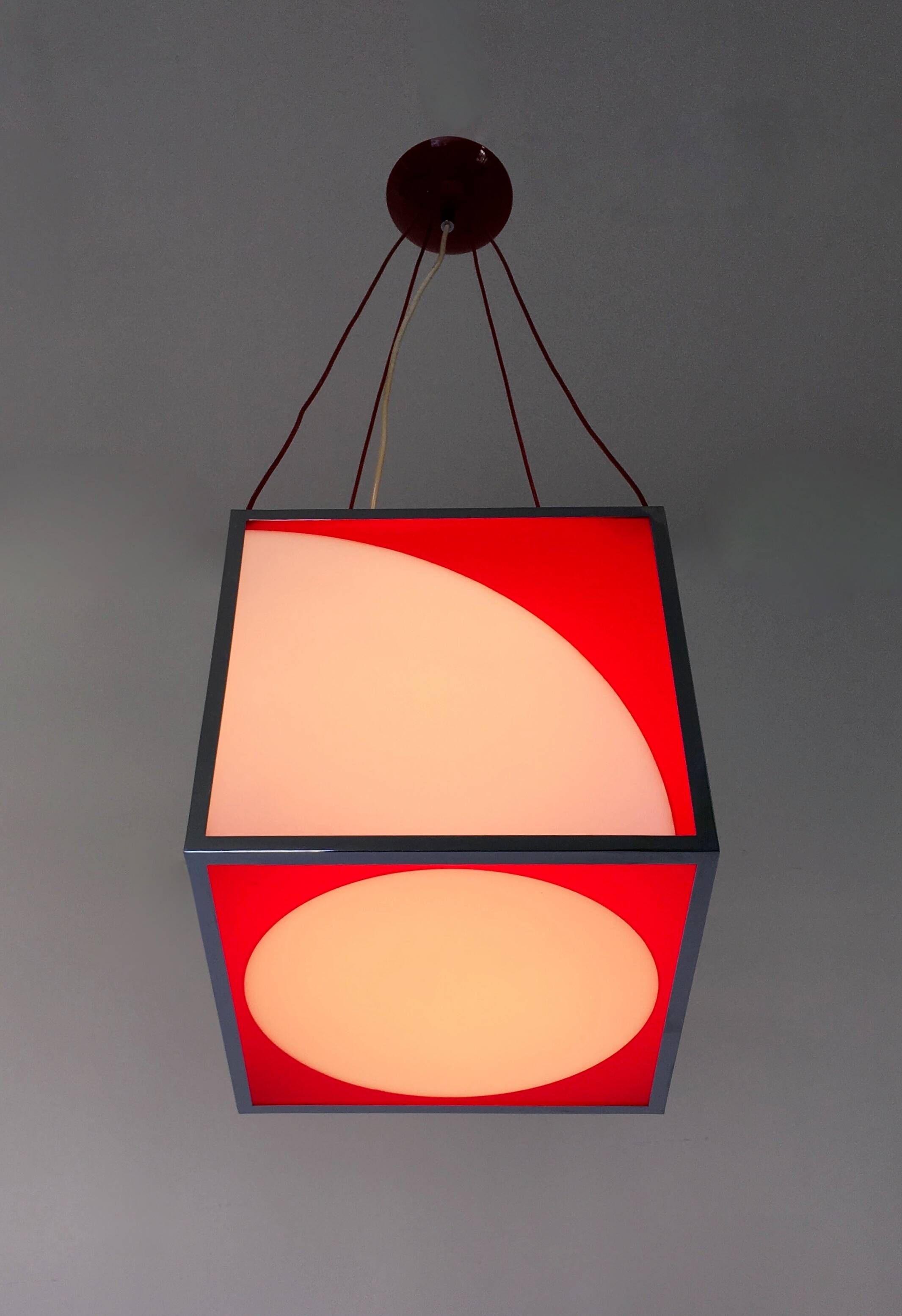 Cubic Red and White Plexiglass and Metal Pendant, Italy