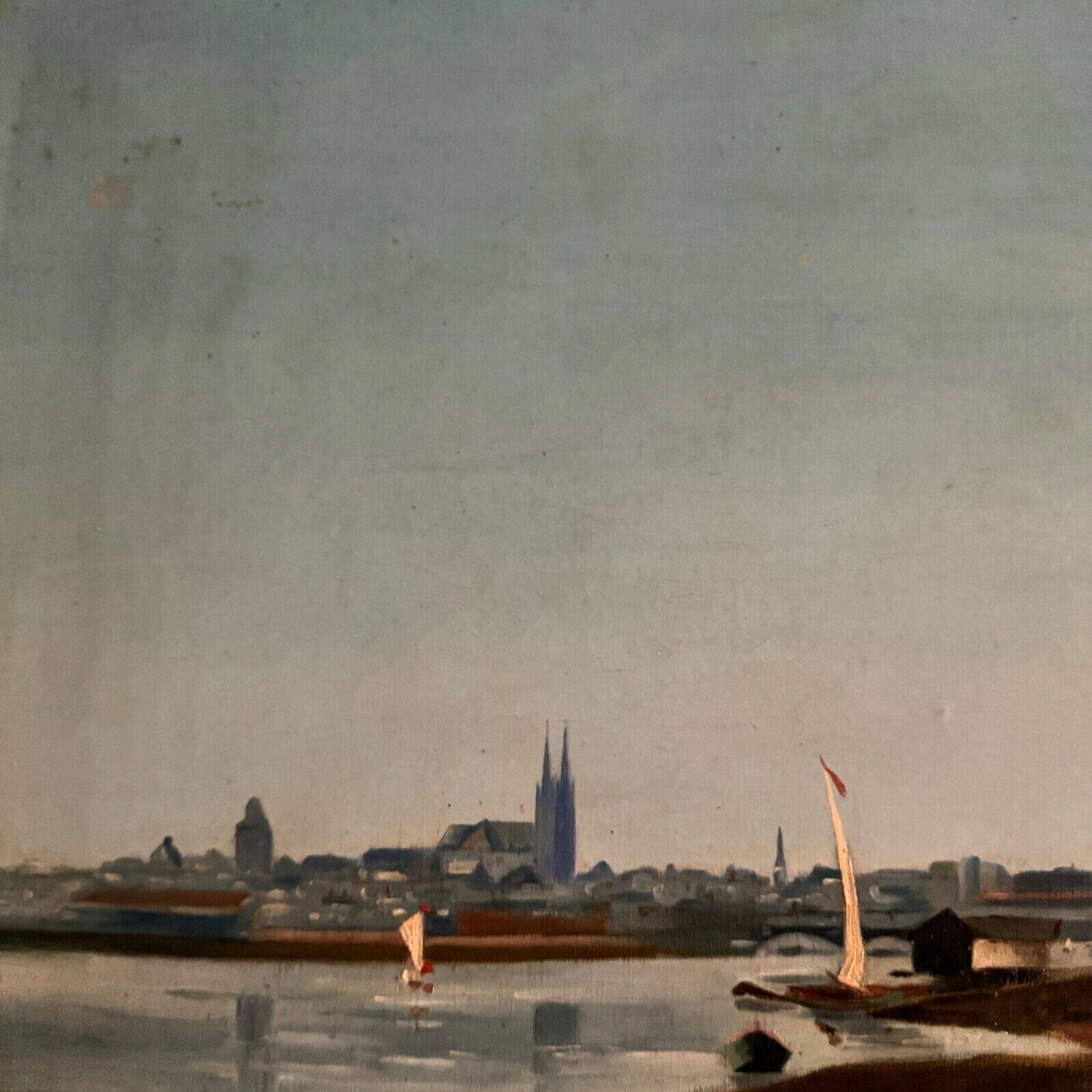 Oil on canvas riverside late 19th century monogram AT