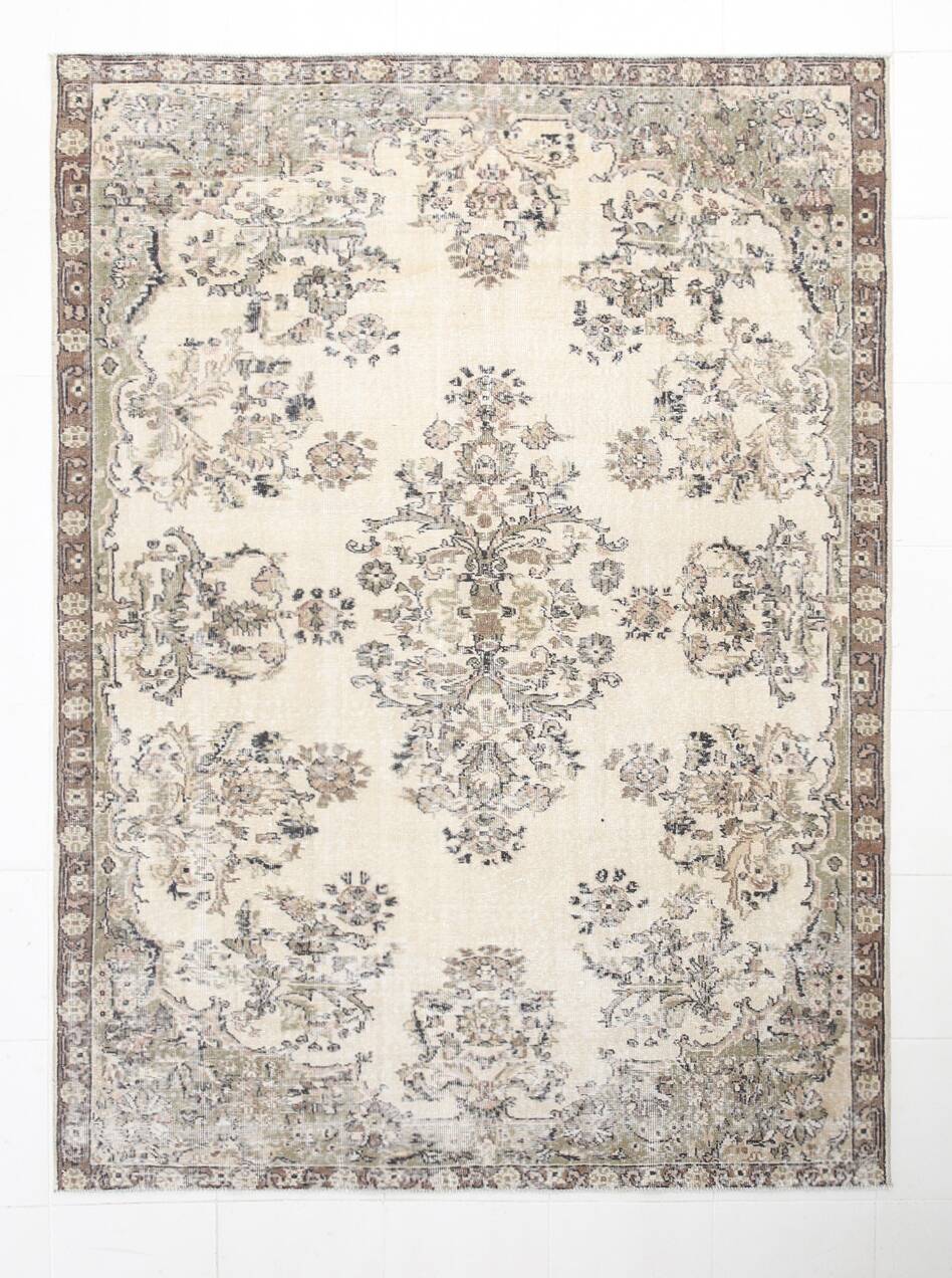 7x9 Cream & Green Floral Pattern Vintage Area Rug, 202x278Cm