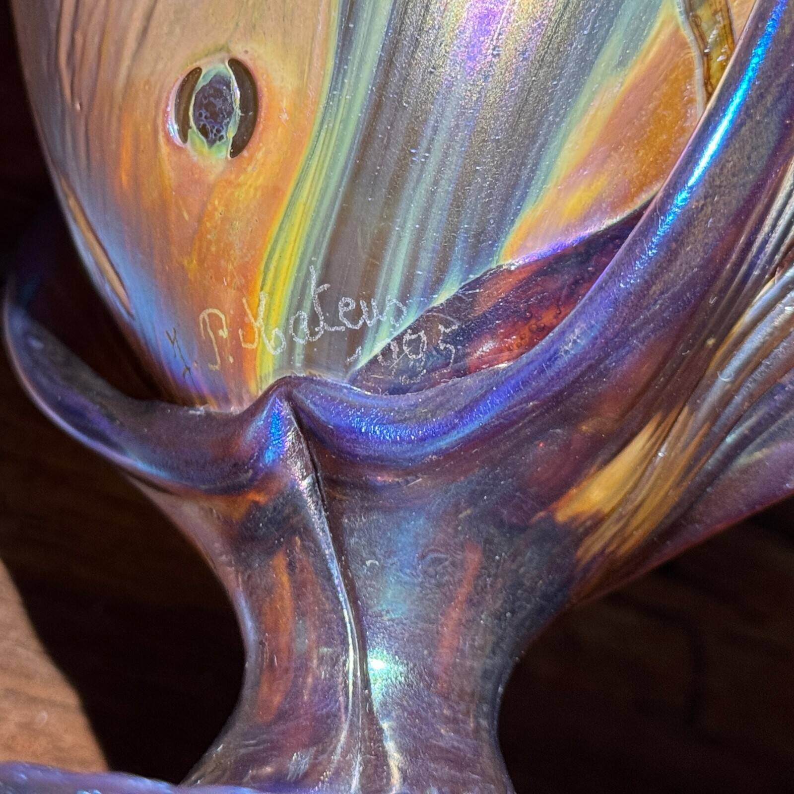Iridescent glass paste vase signed JP Mateus 1995
