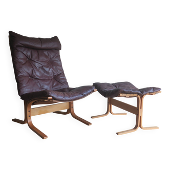 Vintage leather armchair and footstool by Ingmar Relling, Norway, 1960s
